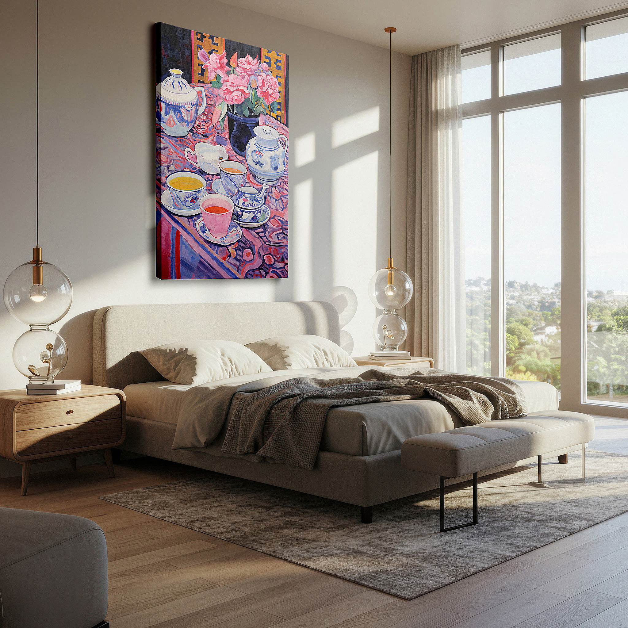 Set in a minimalist interior with textured walls and soft rugs — serene tea time canvas wall art featuring vibrant flowers and luxurious textiles for office and bedroom decor