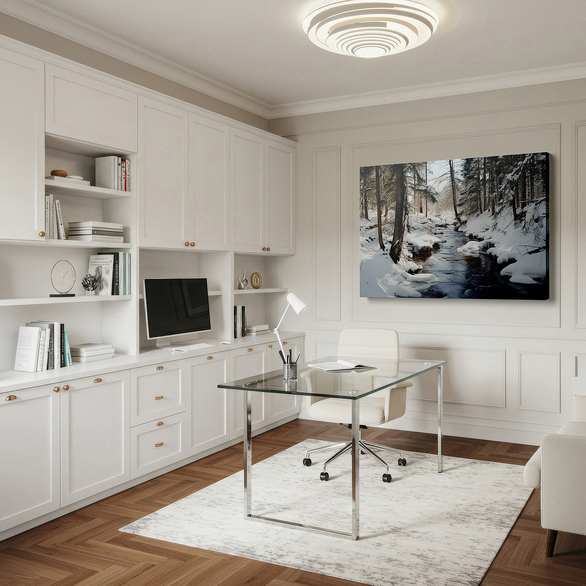 Set in a minimalist interior with textured walls and soft rugs — serene winter creek amidst snowy trees large wall art, canvas wall art, wall decor for office, bedroom, and living room