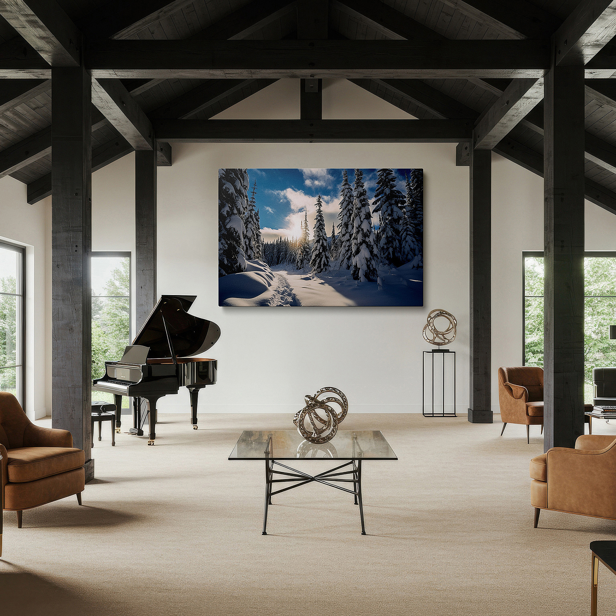 Set in a minimalist interior with textured walls and soft rugs — serene winter forest in sunlight: tranquil snowy landscape large wall art, canvas wall art for office and bedroom decor