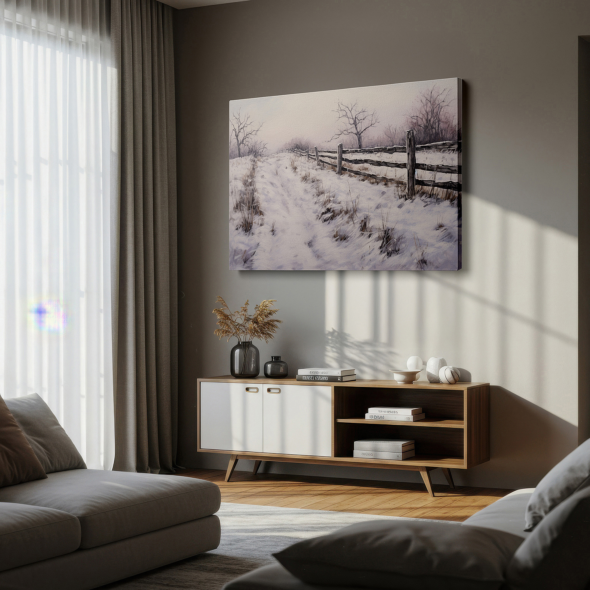 Set in a minimalist interior with textured walls and soft rugs — serene winter landscape featuring a snow-covered path and rustic wooden fence - large canvas wall art for office and bedroom decor