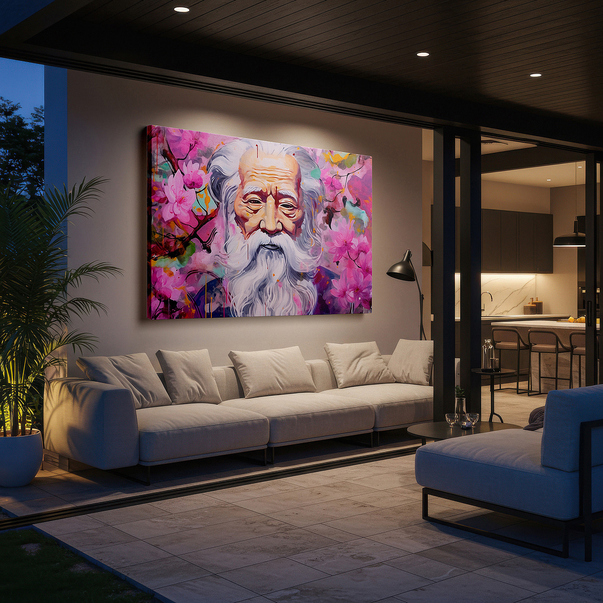 Set in a minimalist interior with textured walls and soft rugs — serene wisdom and vibrant blossoms surround an elderly man: large wall art, canvas wall art, wall decor for office and bedroom