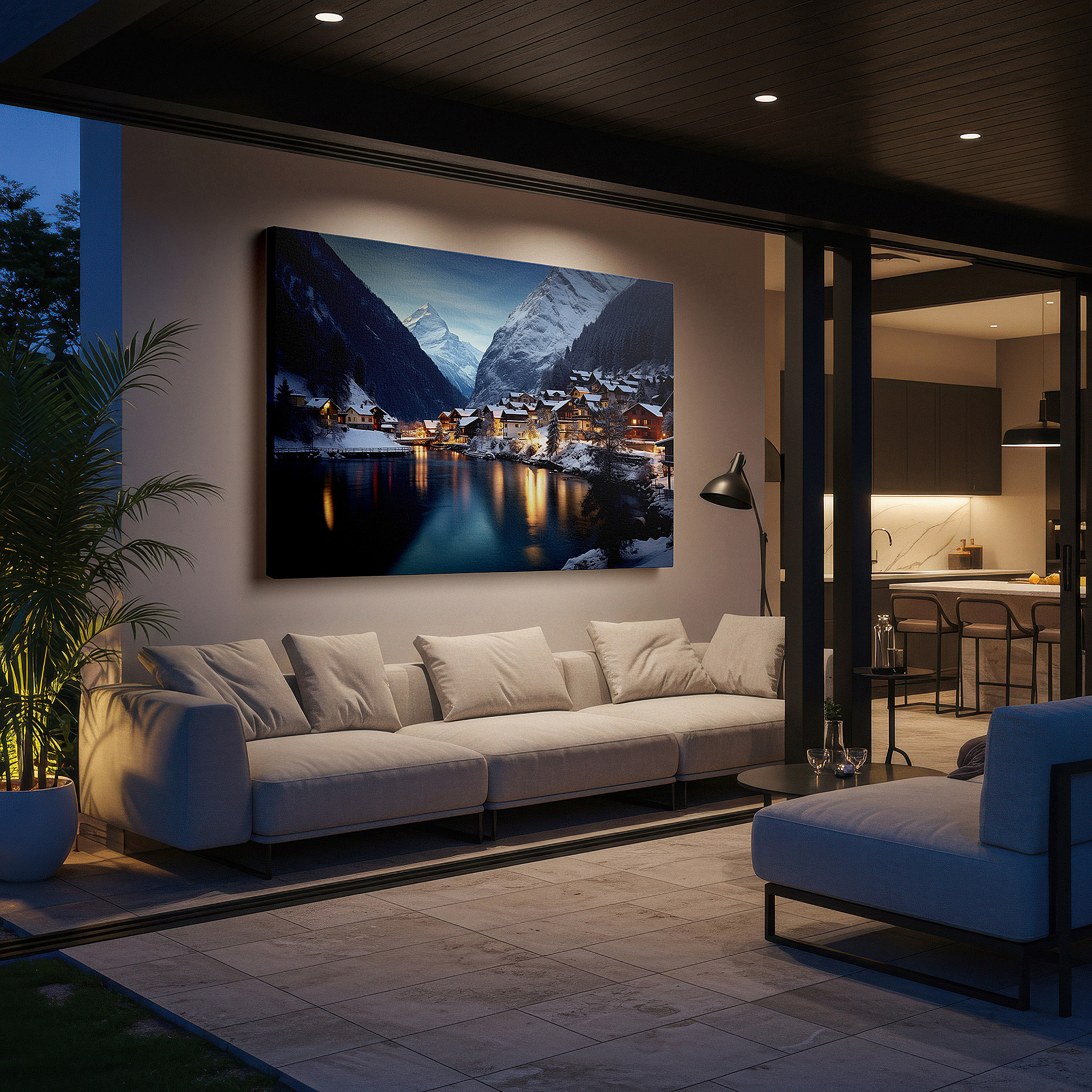 Set in a minimalist interior with textured walls and soft rugs — snow-covered village at twilight serenity, surrounded by majestic mountains large wall art, canvas wall art, wall decor for office and bedroom