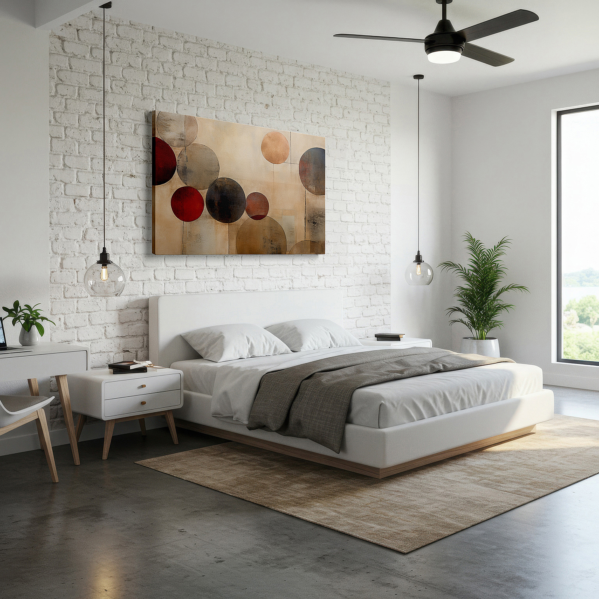 Set in a minimalist interior with textured walls and soft rugs — soft pastel tranquil circles, minimalist serene elegance large wall art, canvas wall decor for office