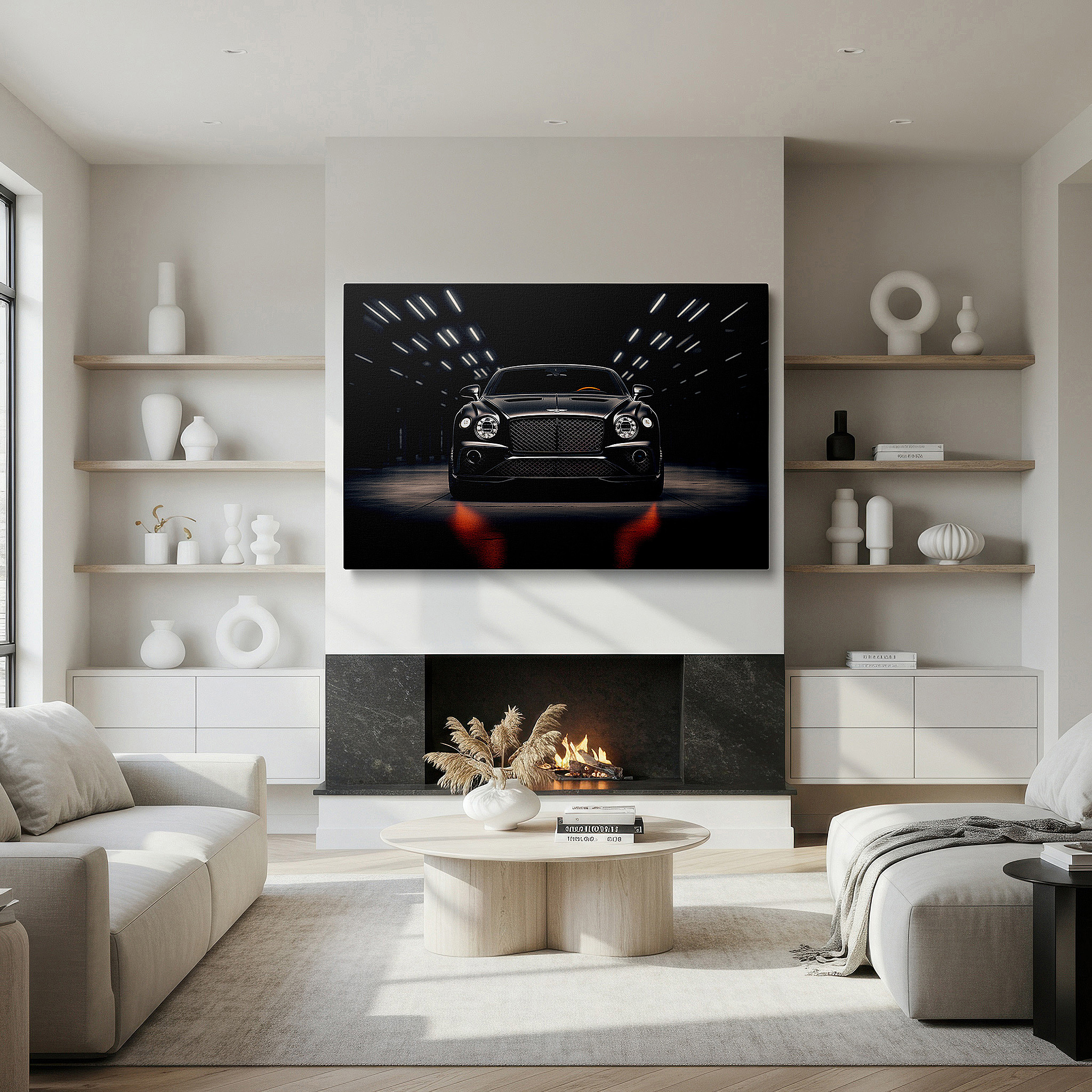 Set in a minimalist interior with textured walls and soft rugs — sophisticated black luxury car in a dimly-lit garage: large wall art, canvas wall art, wall decor for office