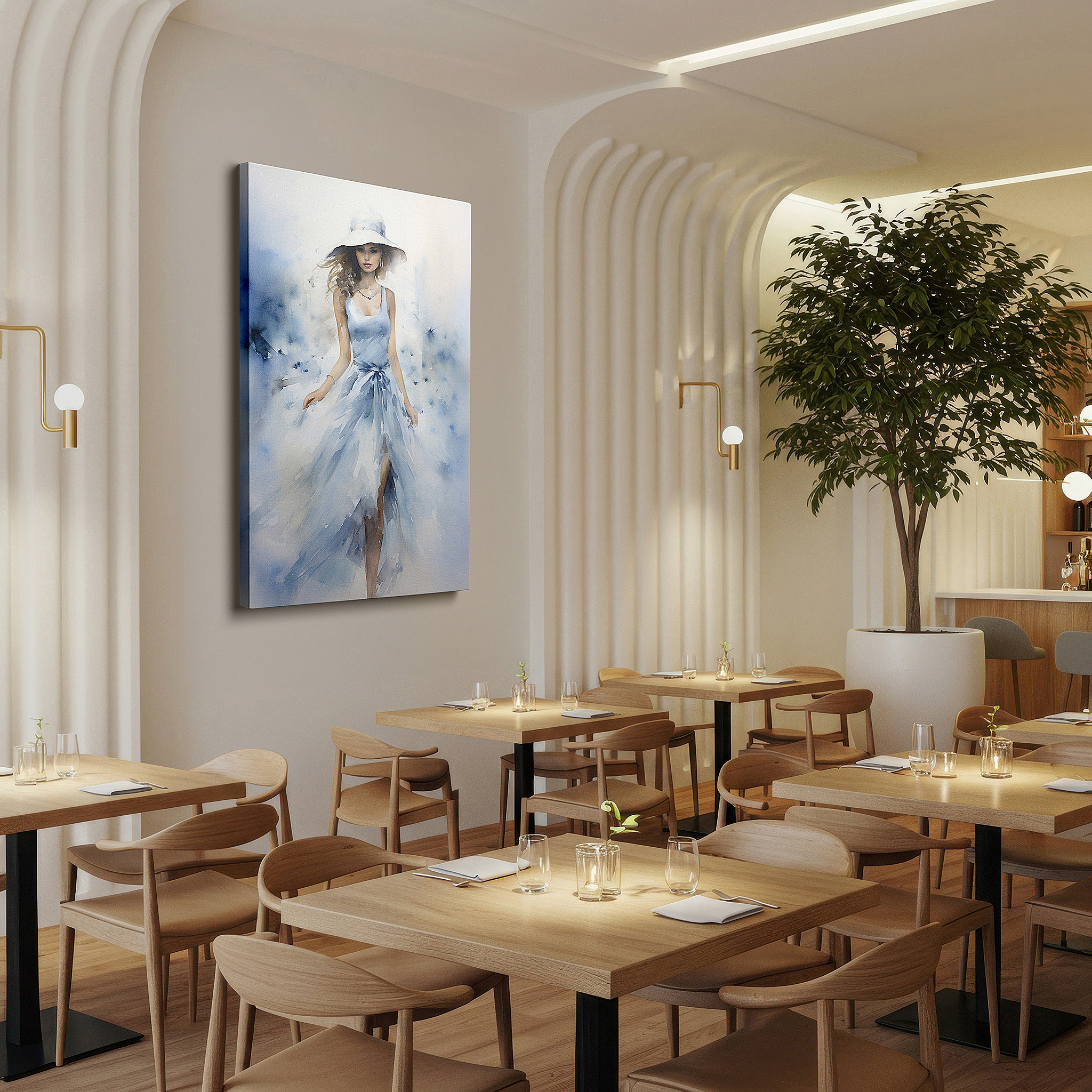 Set in a minimalist interior with textured walls and soft rugs — sophisticated elegance on display - stylish woman with coordinated hat large wall art, canvas wall art, wall decor for office and bedroom