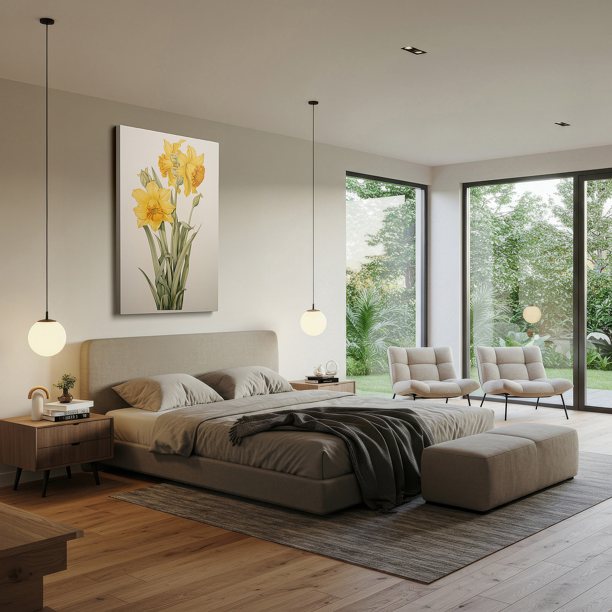 Set in a minimalist interior with textured walls and soft rugs — spring daffodils in full bloom against verdant greenery, representing rebirth and happiness - large wall art, canvas print, home and office decor, bedroom wall art