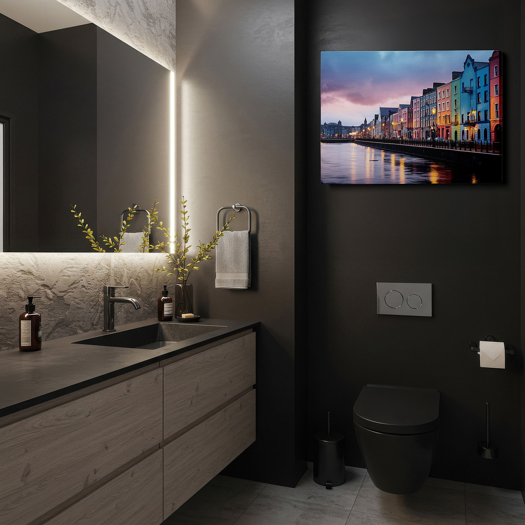 Set in a minimalist interior with textured walls and soft rugs — starlit sky over historic harbor: tranquil waters meet vibrant city life in serene nighttime large wall art, canvas wall art, wall decor