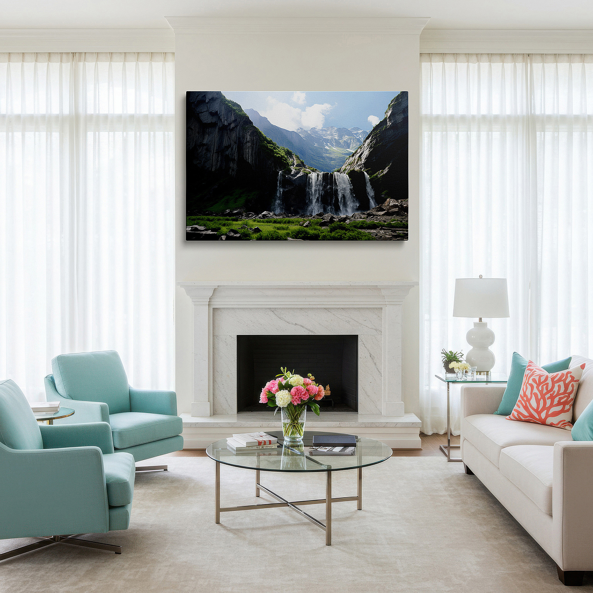 Set in a minimalist interior with textured walls and soft rugs — stunning waterfall cascading over steep cliffs, a brilliant display of natural beauty - large wall art, canvas wall art, wall decor for office and bedroom