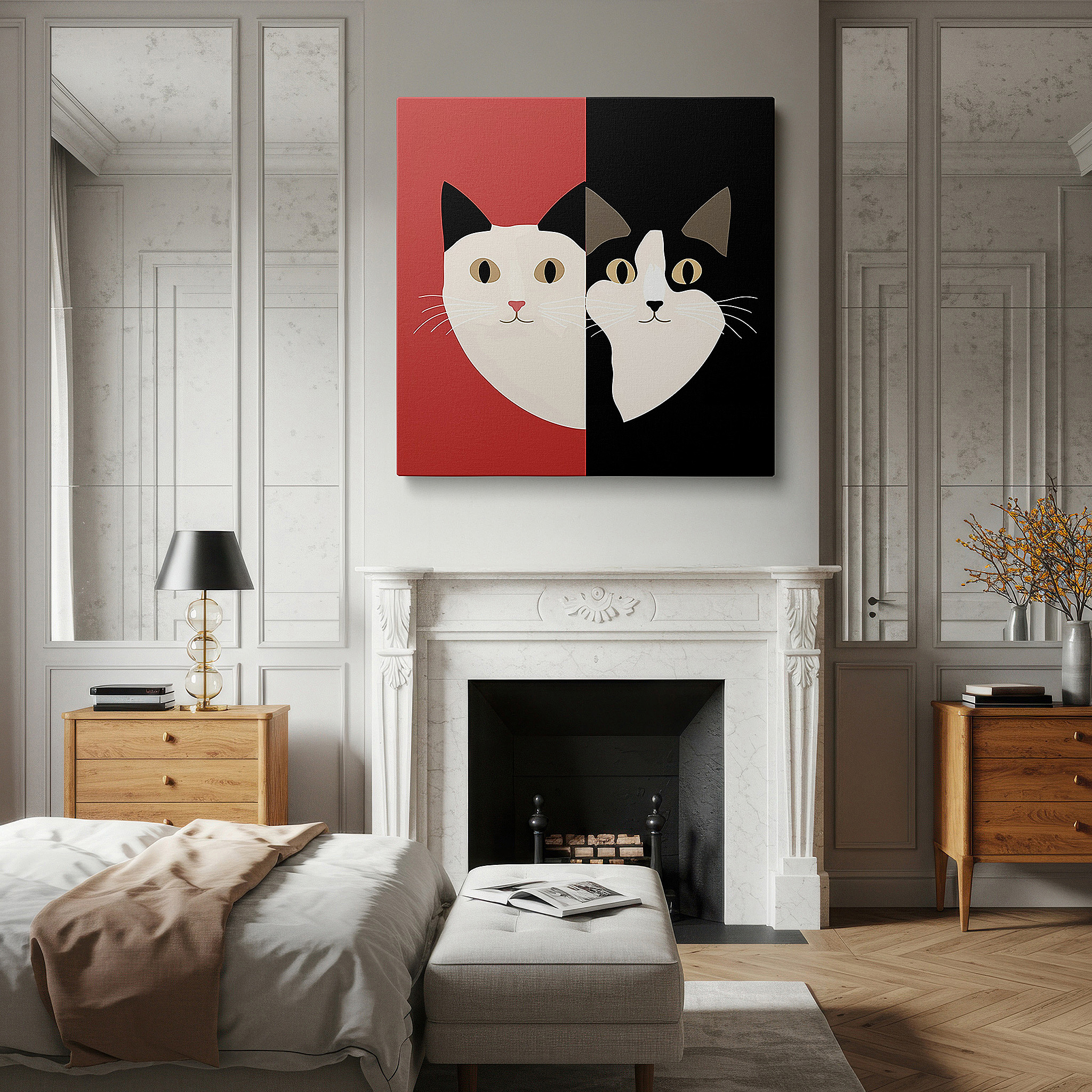Set in a minimalist interior with textured walls and soft rugs — stylized cat faces in harmonious duality: vibrant and subdued tones, large wall art, canvas wall art, wall decor for office and bedroom