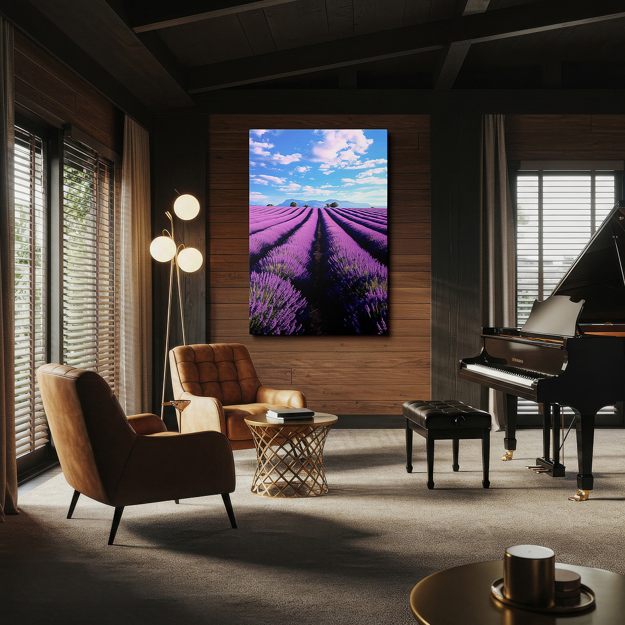 Set in a minimalist interior with textured walls and soft rugs — sunlit lavender fields, tranquil nature large canvas wall art for office, bedroom, and living room decor