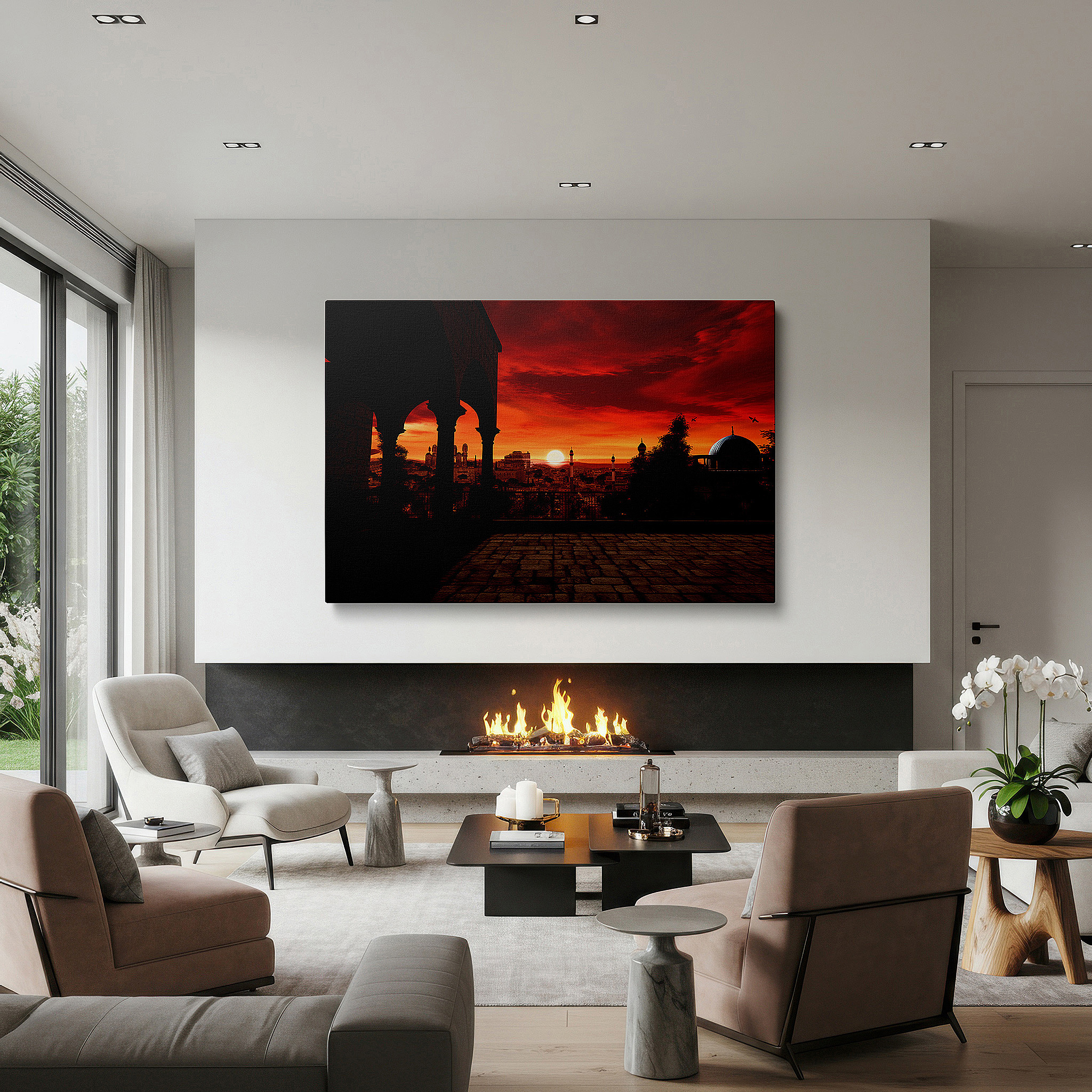 Set in a minimalist interior with textured walls and soft rugs — sunset over historic cityscape wall art featuring iconic domes and minarets - large canvas for office, bedroom, and living room decor
