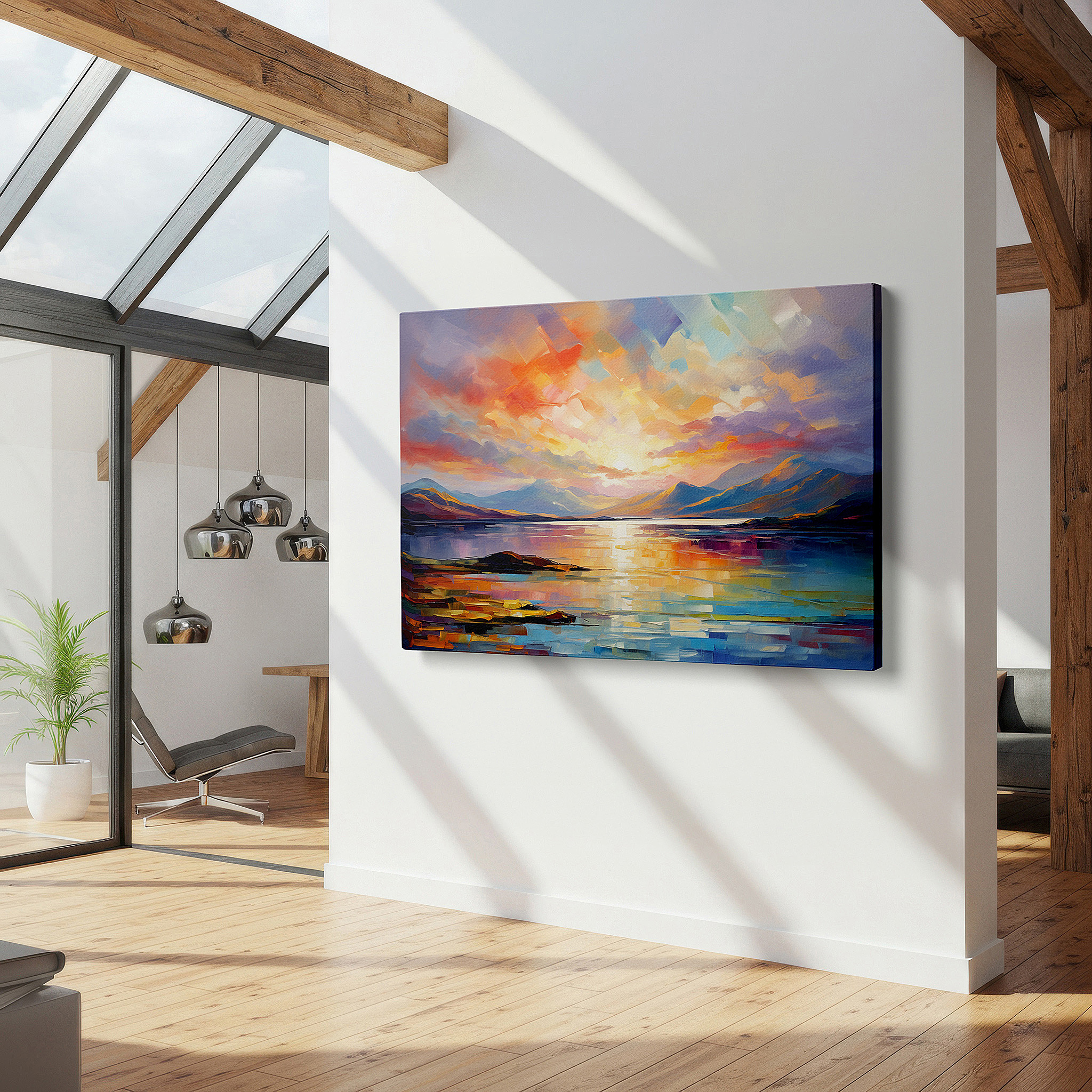 Set in a minimalist interior with textured walls and soft rugs — sunset serenade - a peaceful impressionist landscape featuring luminous reflections, large canvas wall art for home and office decor