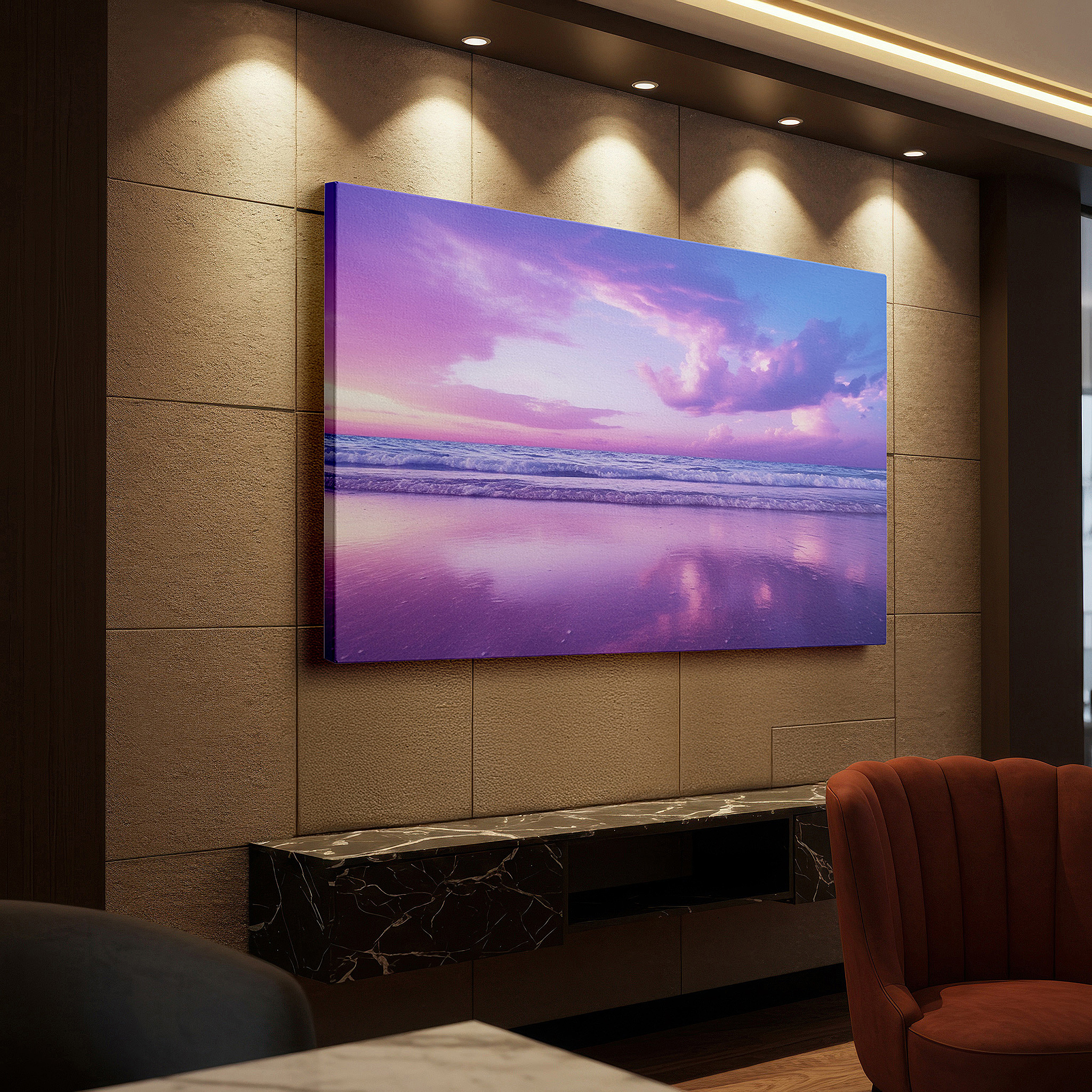 Set in a minimalist interior with textured walls and soft rugs — sunset symphony in pink and purple: tranquil ocean reflections large wall art, canvas decor for office and bedroom