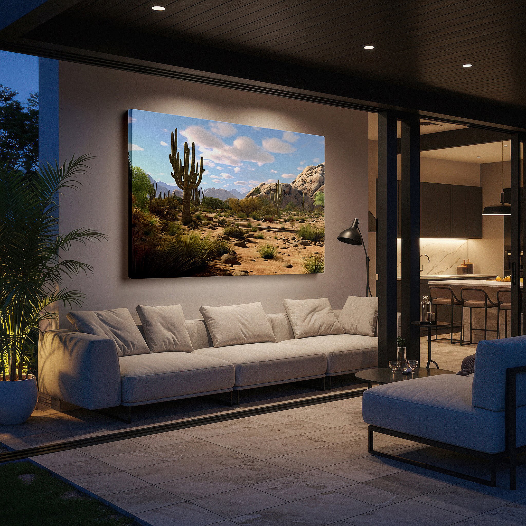 Set in a minimalist interior with textured walls and soft rugs — towering cacti and expansive blue skies - vibrant desert scenery large wall art, canvas wall art, wall decor for office, bedroom, and living room