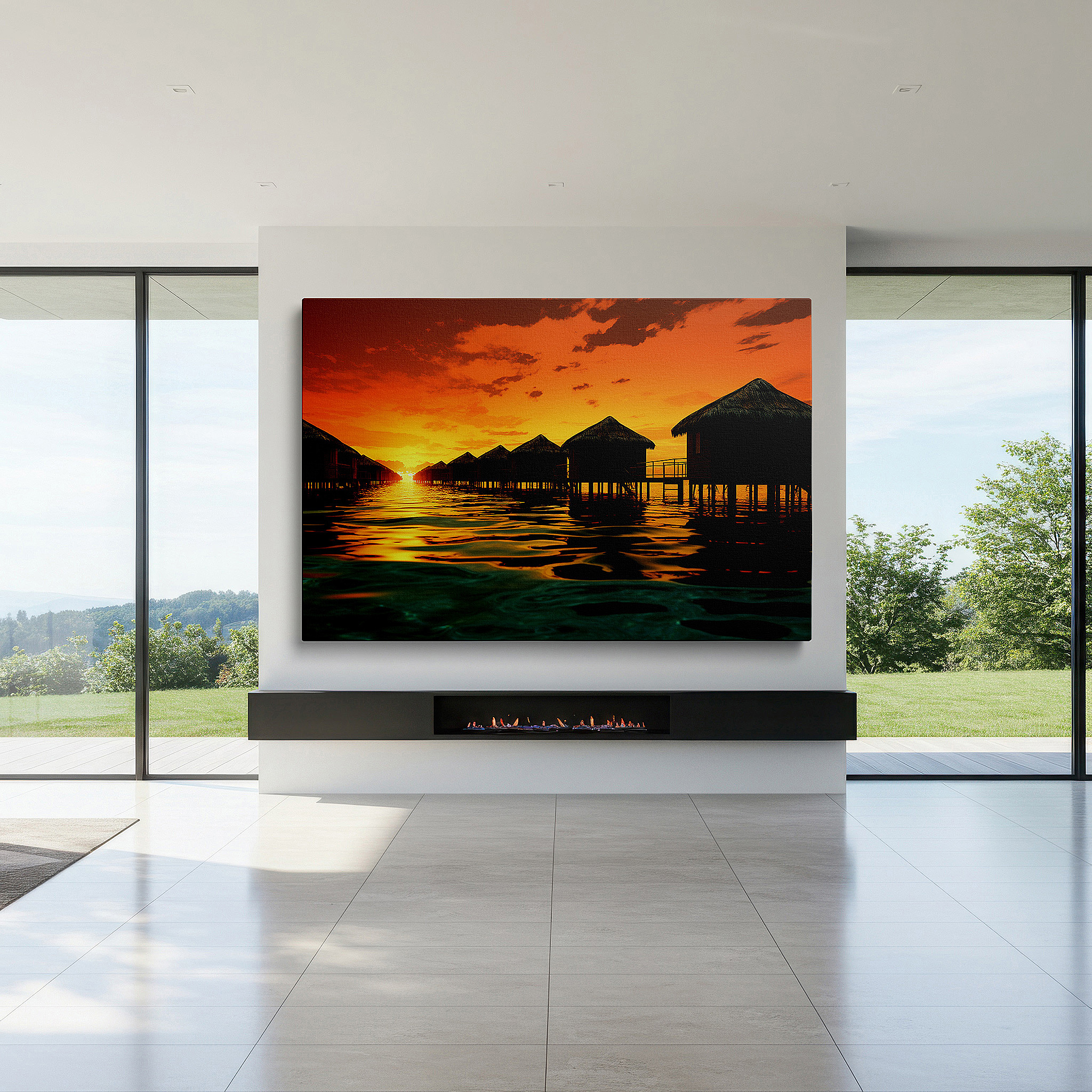 Set in a minimalist interior with textured walls and soft rugs — tropical paradise golden hour tranquility with overwater bungalows large wall art, canvas wall decor for office and bedroom