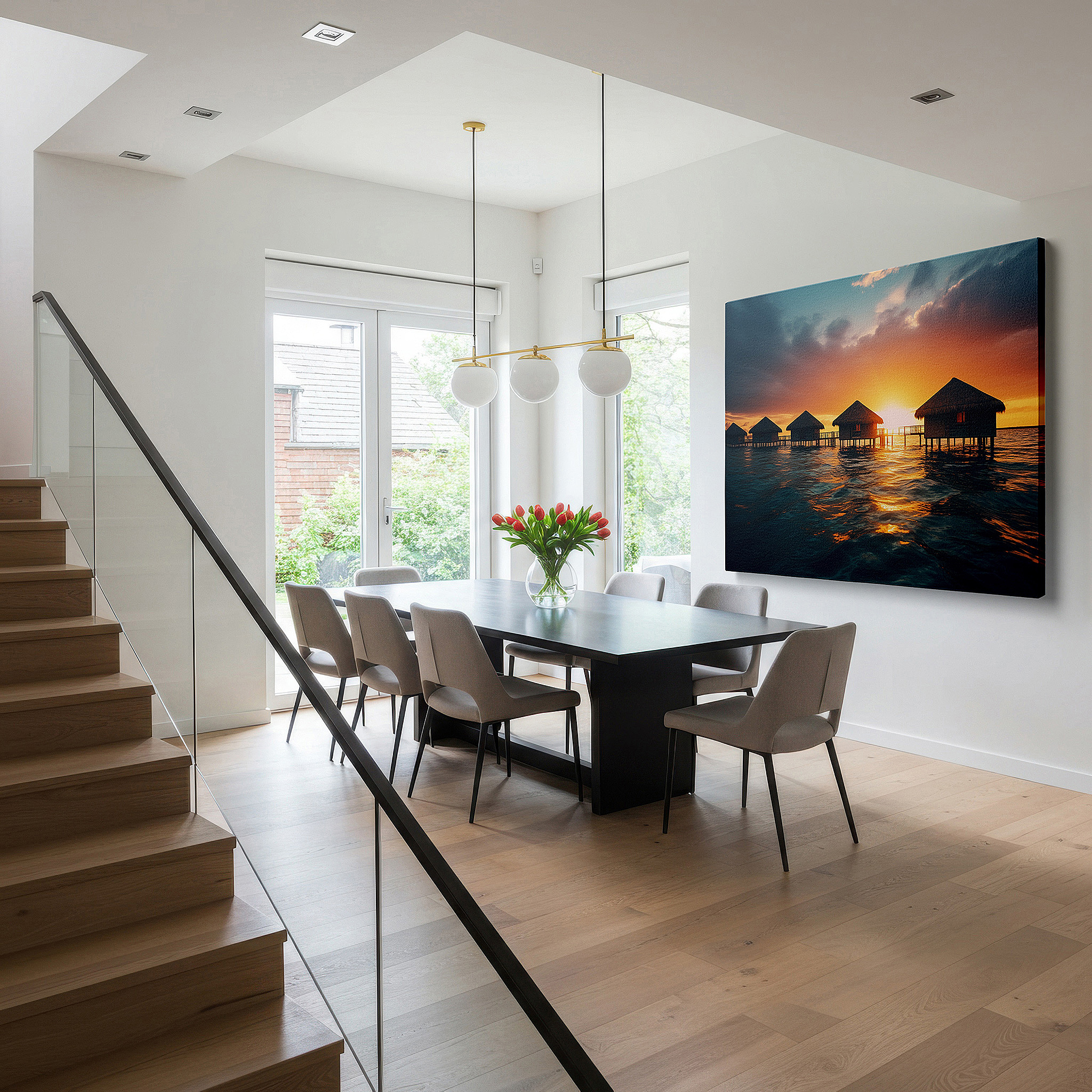 Set in a minimalist interior with textured walls and soft rugs — tropical sunset and serene waters canvas print with golden-lit bungalows - large wall art for office, bedroom, and living room decor