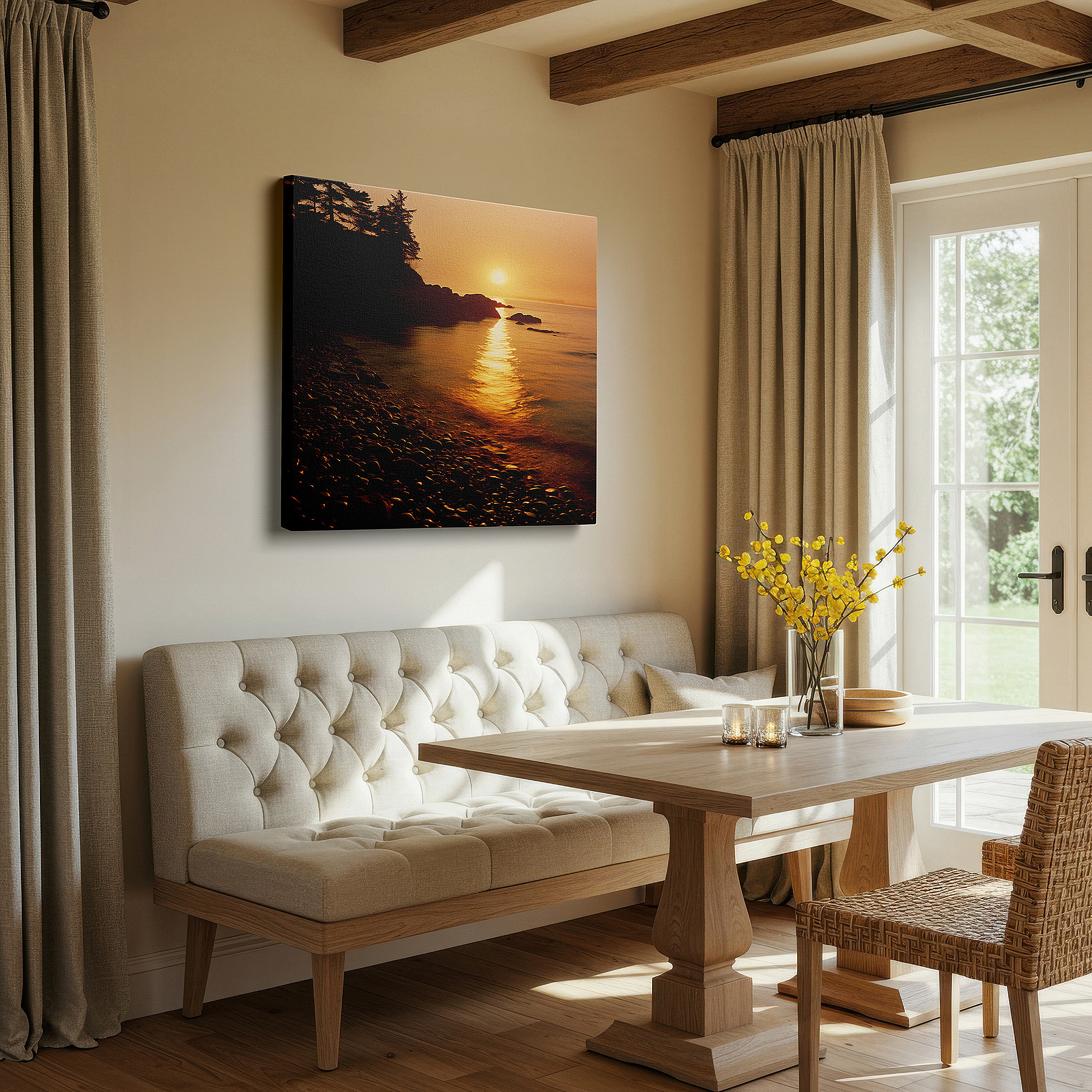 Set in a minimalist interior with textured walls and soft rugs — twilight's last gleam over tranquil waters and rugged shores: large canvas wall art for office, bedroom, and living room decor