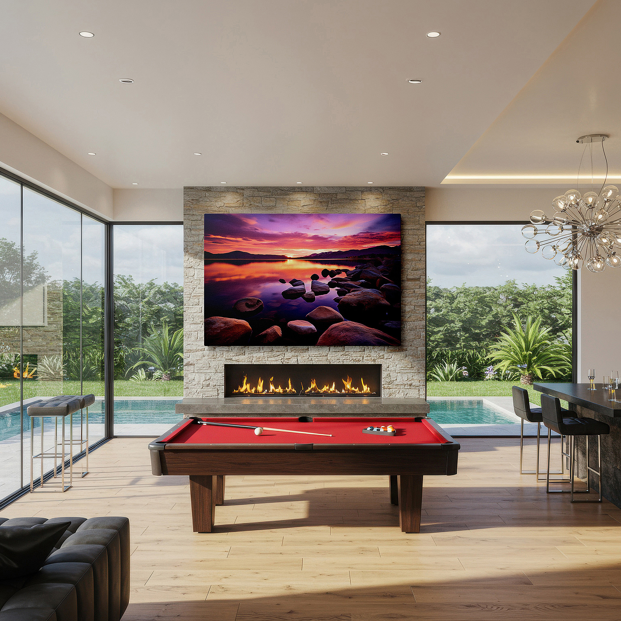 Set in a minimalist interior with textured walls and soft rugs — twilight serenity - a symphony of sky and water in tranquil hues: large canvas wall art for office and bedroom decor