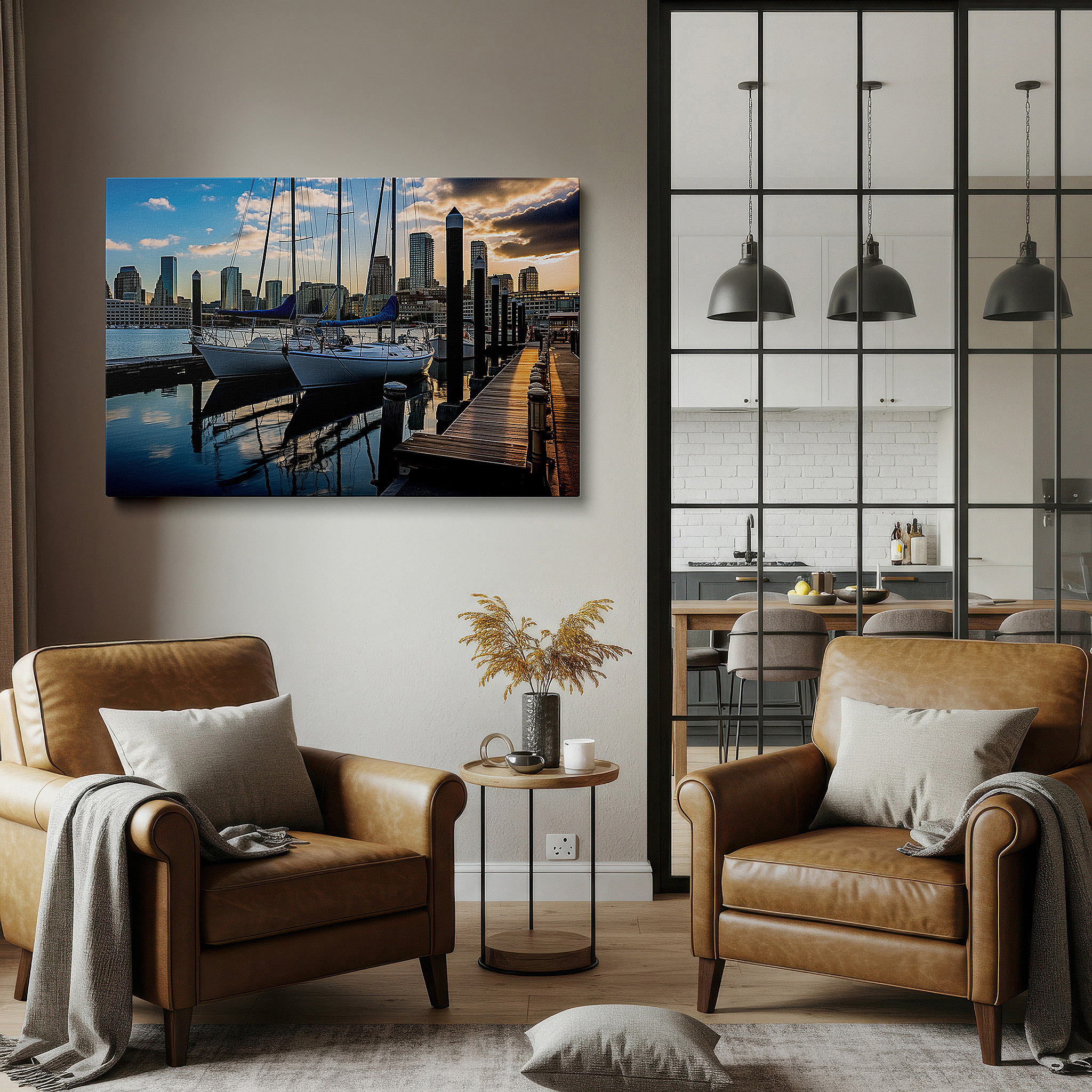 Set in a minimalist interior with textured walls and soft rugs — urban harbor at sunset: tranquil elegance with sailboats and city skyline - large canvas wall art for office and bedroom decor