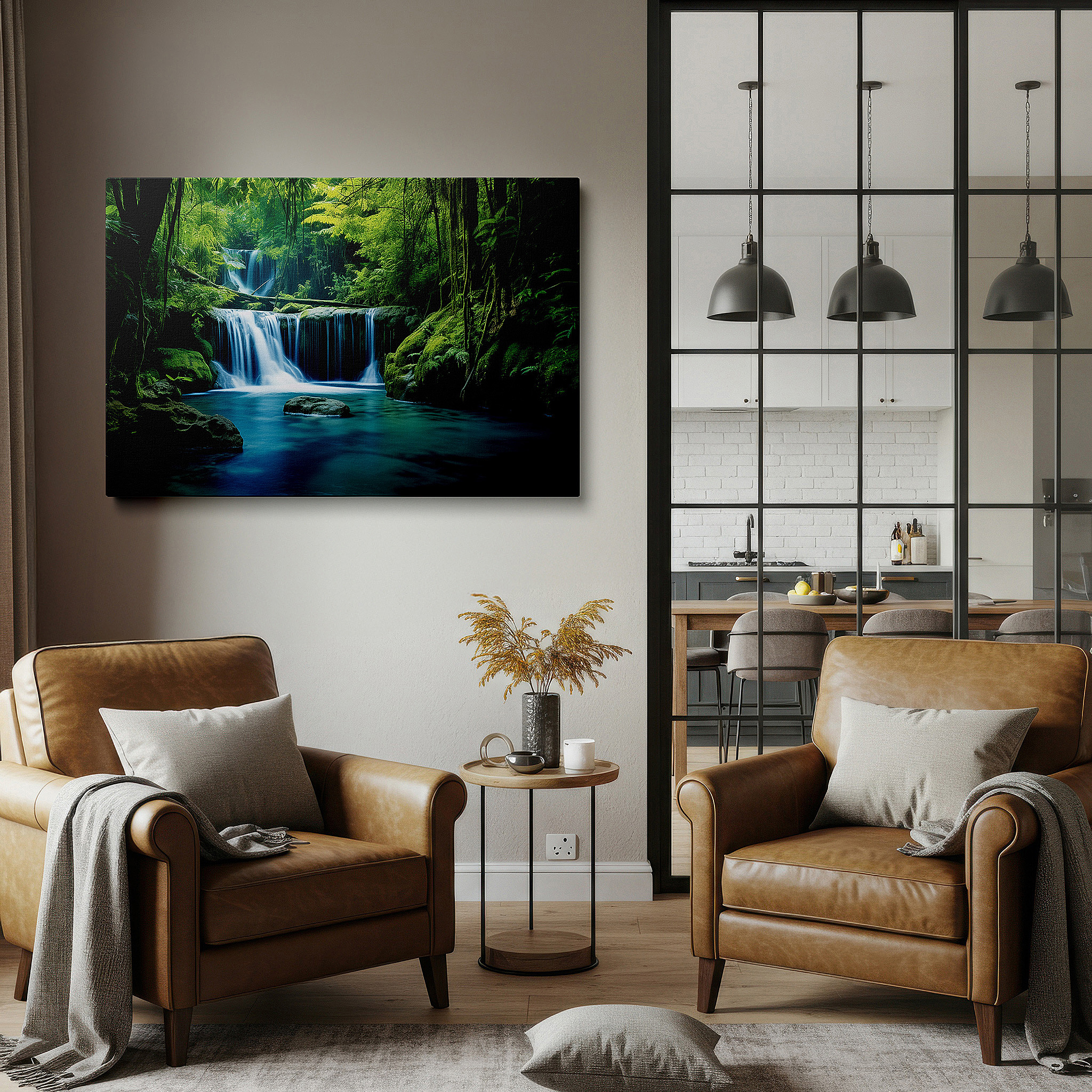 Set in a minimalist interior with textured walls and soft rugs — verdant forest sanctuary canvas wall art featuring cascading waterfalls and tranquil pool, ideal for office and bedroom decor