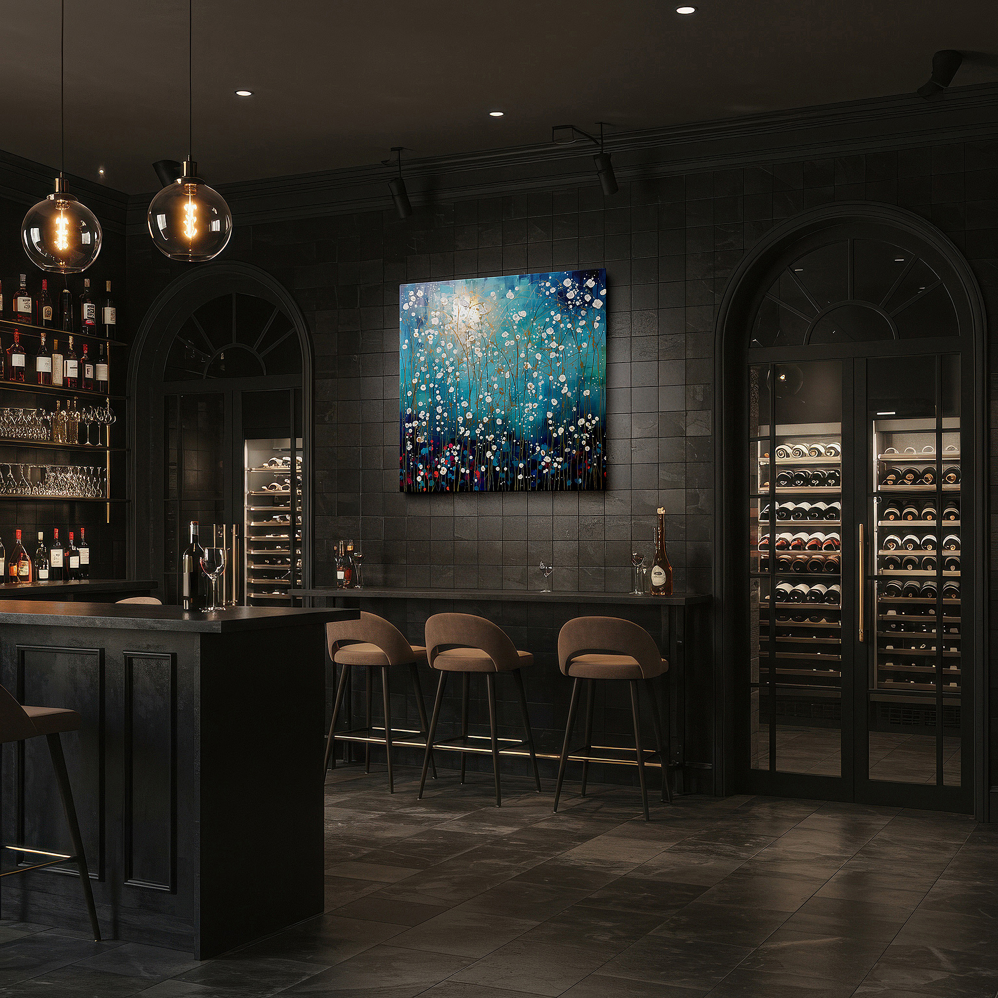 Set in a minimalist interior with textured walls and soft rugs — vibrant night garden: celestial blooms and abstract florals in large wall art, canvas wall art, wall decor for office and bedroom