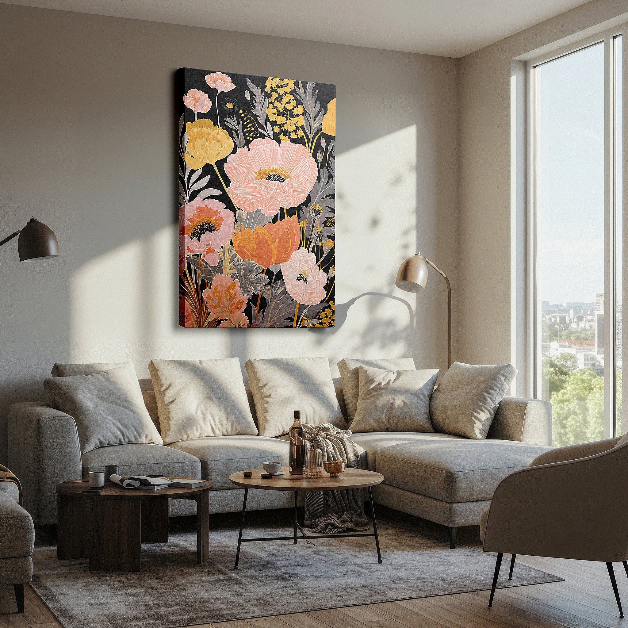 Set in a minimalist interior with textured walls and soft rugs — vibrant pastel flowers on a stark black background - celebrating nature's delicate artistry, large canvas wall art