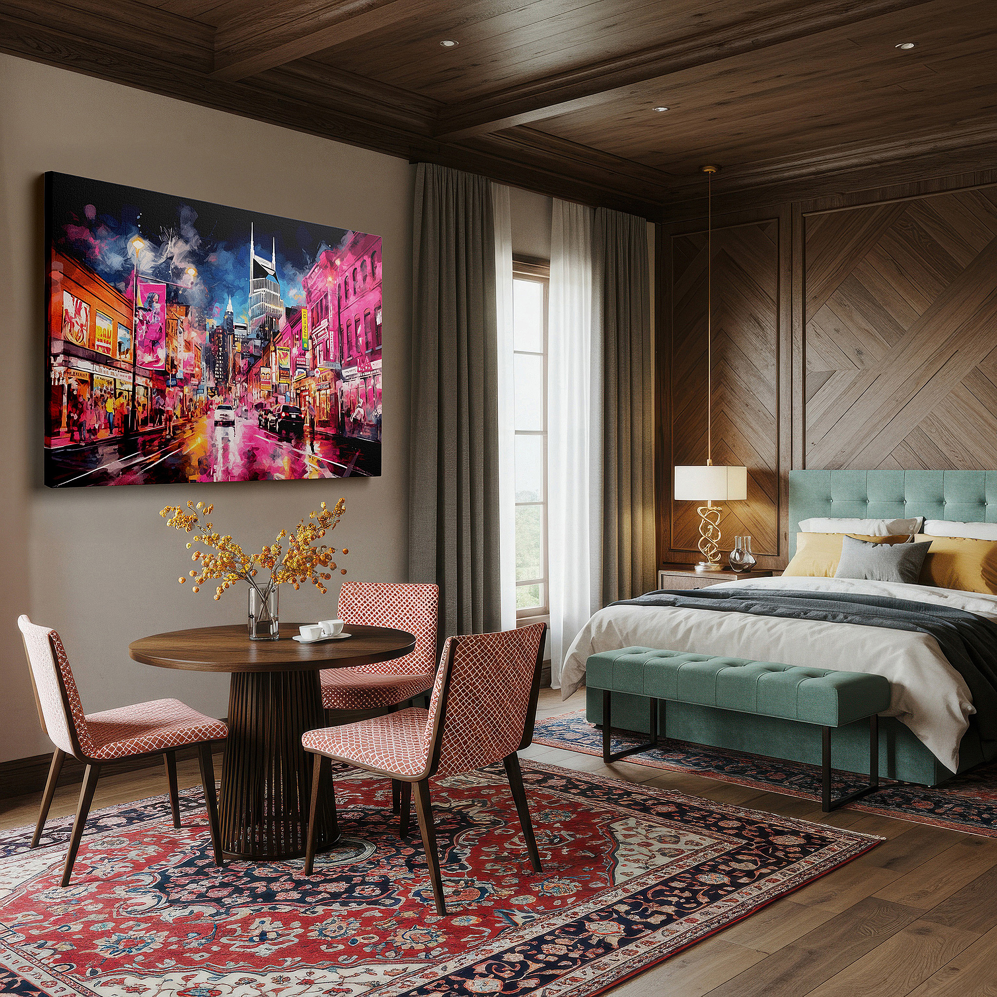Set in a minimalist interior with textured walls and soft rugs — vibrant urban nights: neon lights and rainy streets - large canvas wall art for office and bedroom decor
