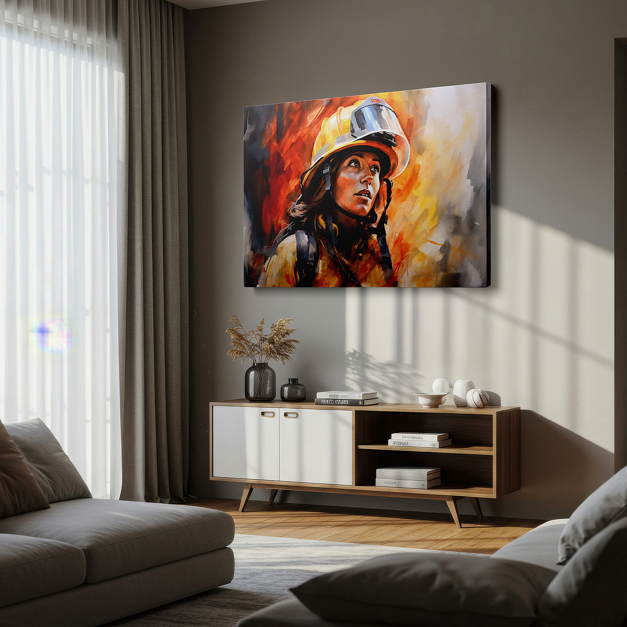 Set in a minimalist interior with textured walls and soft rugs — wall art: "beacon of courage" - female firefighter amidst flames, large canvas wall art for office, bedroom, and living room decor