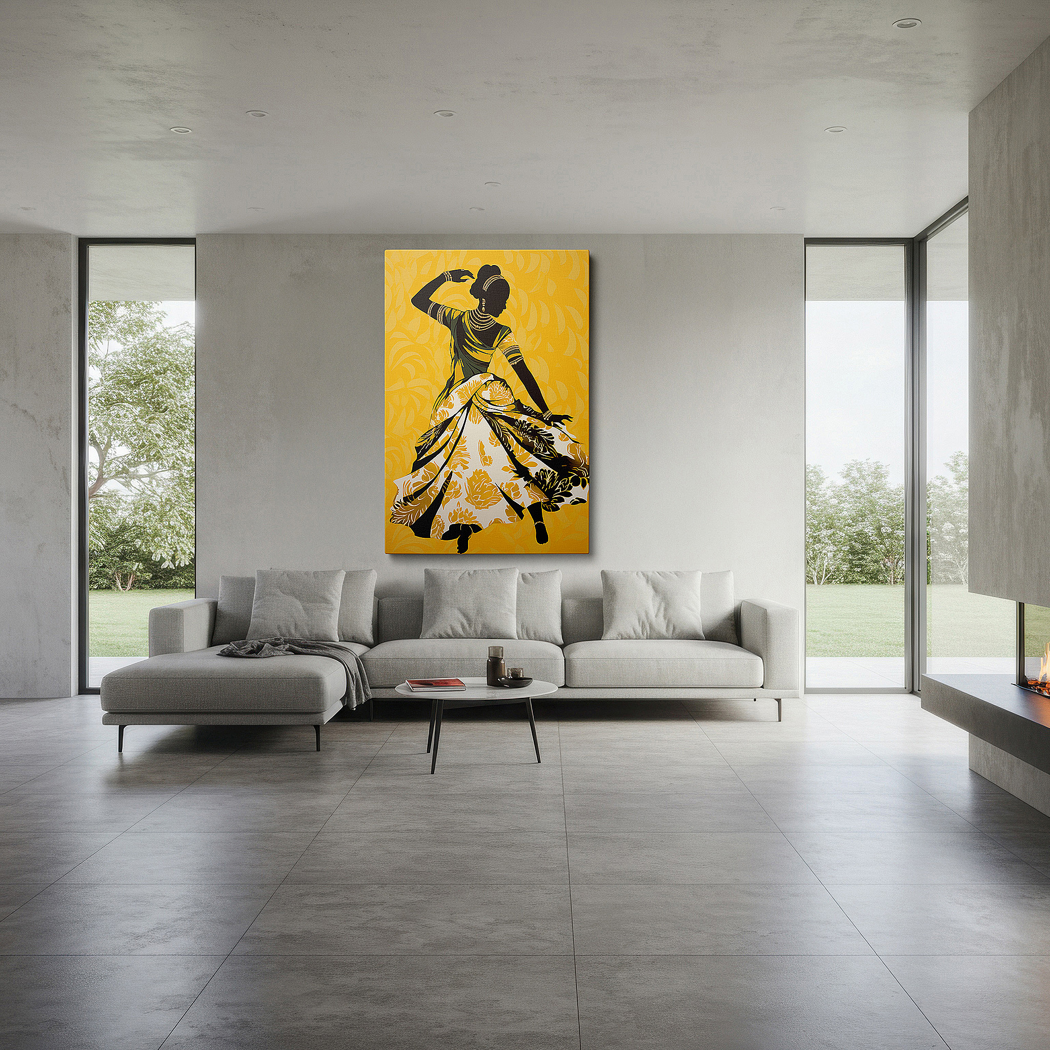 Set in a minimalist interior with textured walls and soft rugs — wall art: elegant dancer in a flowered dress on a bright yellow background, representing femininity and freedom - large canvas wall art for home and office decor