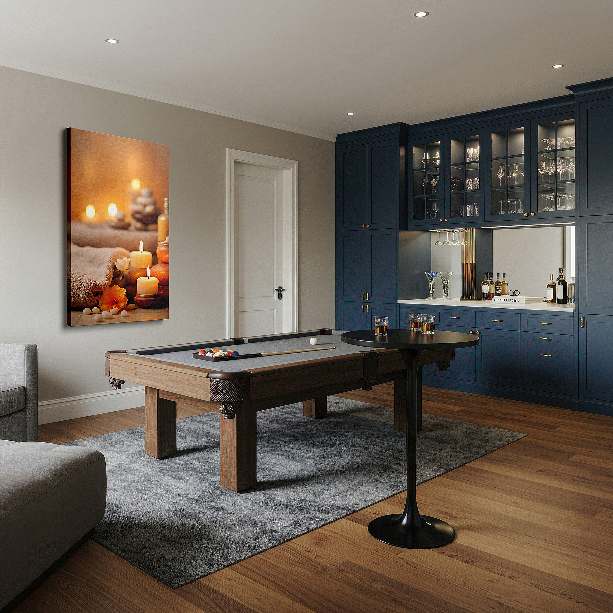 Set in a minimalist interior with textured walls and soft rugs — wall art: experience serenity with candles and stones, large spa-themed canvas art for home and office decor, perfect for bedrooms and living spaces