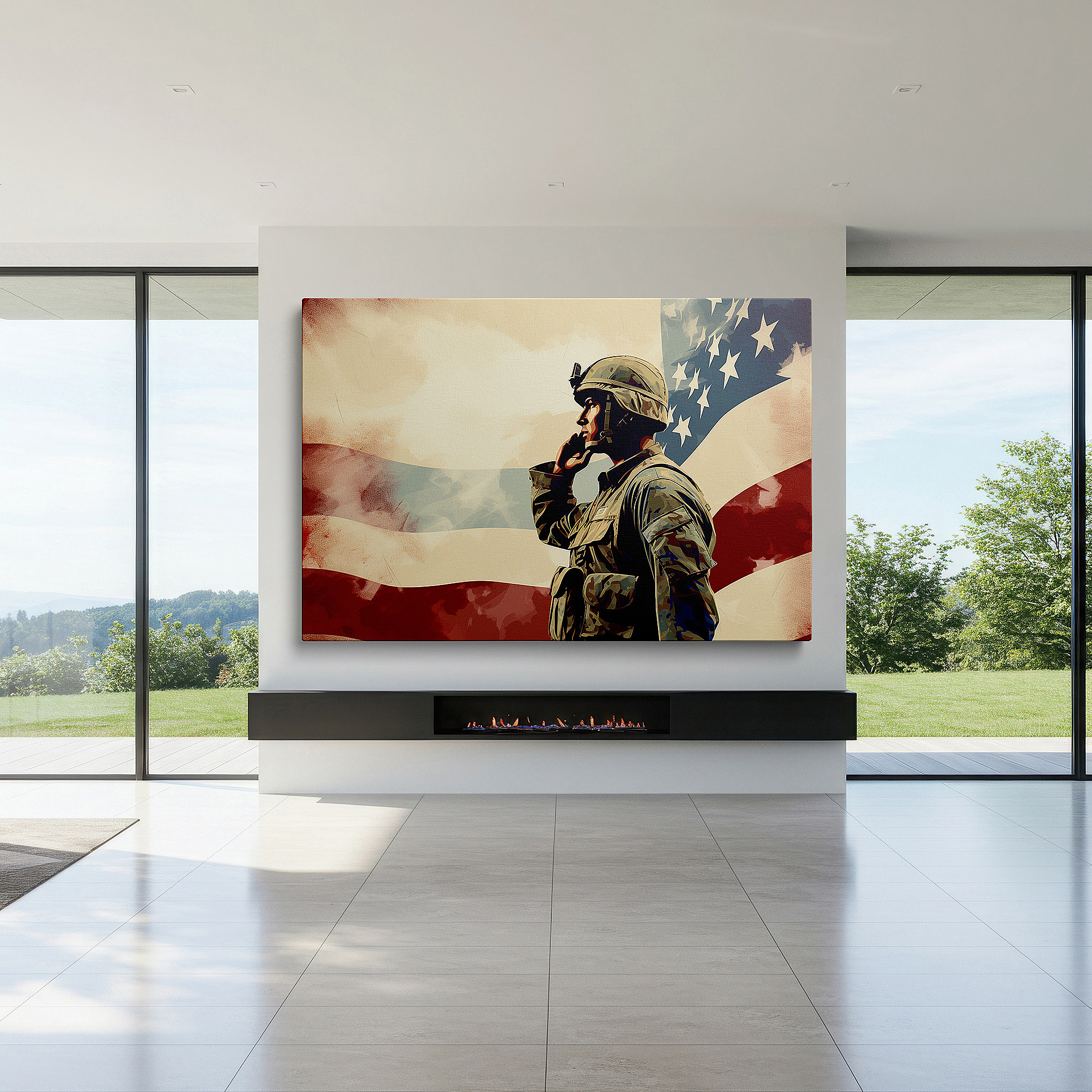 Set in a minimalist interior with textured walls and soft rugs — wall art: saluting soldier with american flag - a tribute to national pride and honor. large canvas wall art for office decor.