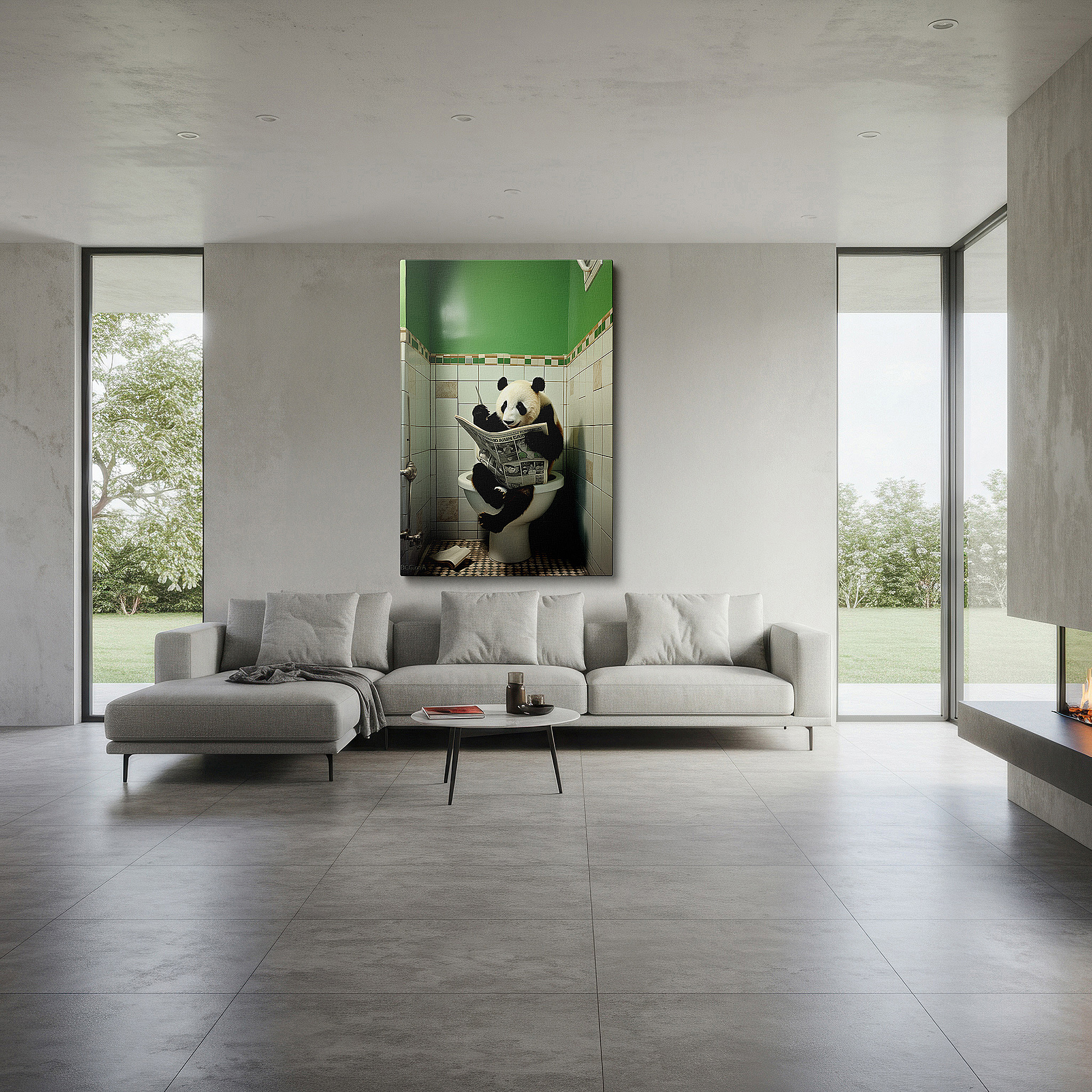 Set in a minimalist interior with textured walls and soft rugs — wall art: "serene panda's humorous retreat" - large canvas featuring a panda in a human-like pose for office, bedroom, or living room decor