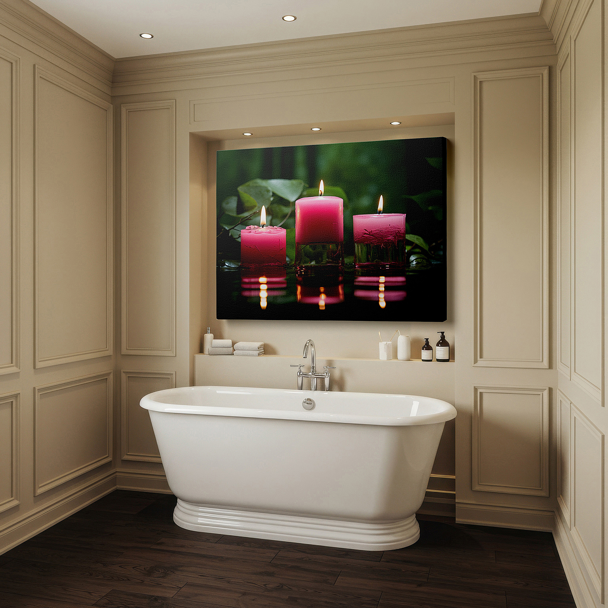Set in a minimalist interior with textured walls and soft rugs — wall art: serene set of three pink candles with a vibrant green background - large canvas wall art for office, bedroom, and living room decor