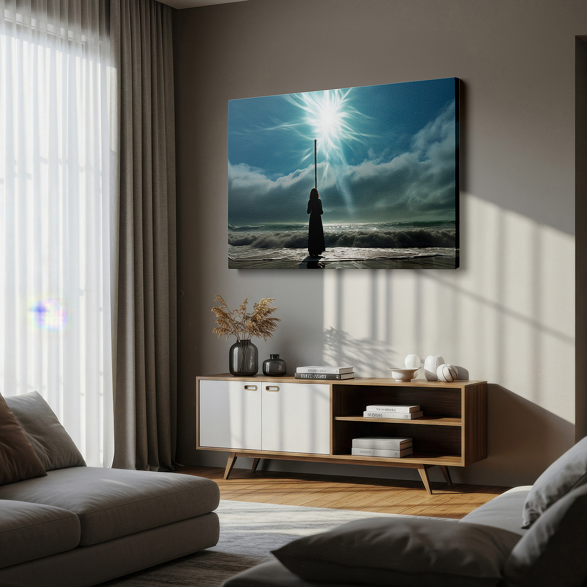 Set in a minimalist interior with textured walls and soft rugs — wall art: solitary figure with staff on beach - emblem of guidance and spiritual strength. ideal for living room, office, or bedroom decor. available in large canvas formats.