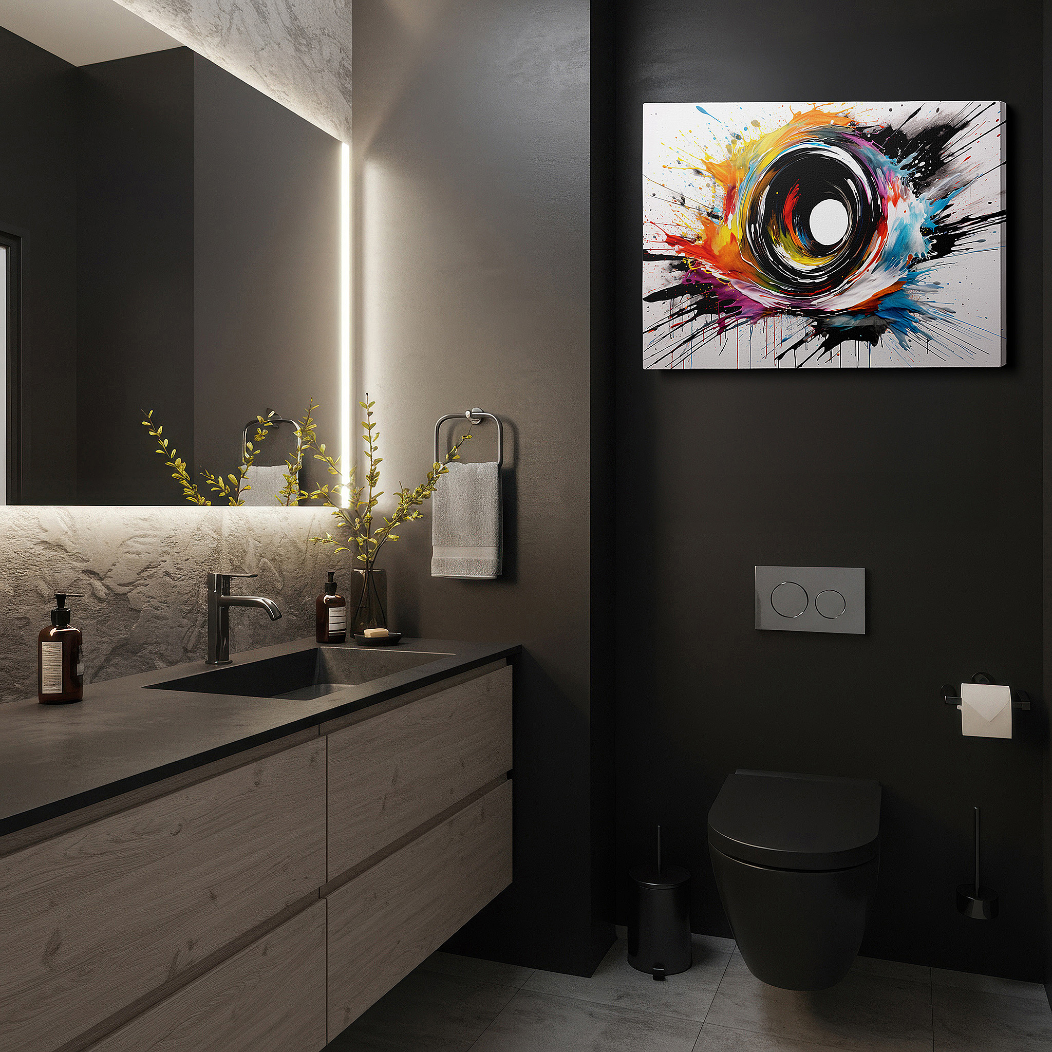 Set in a minimalist interior with textured walls and soft rugs — wall art: a striking spiral in fiery reds and cool blues, representing creativity and transformation - large canvas wall art for home and office decor