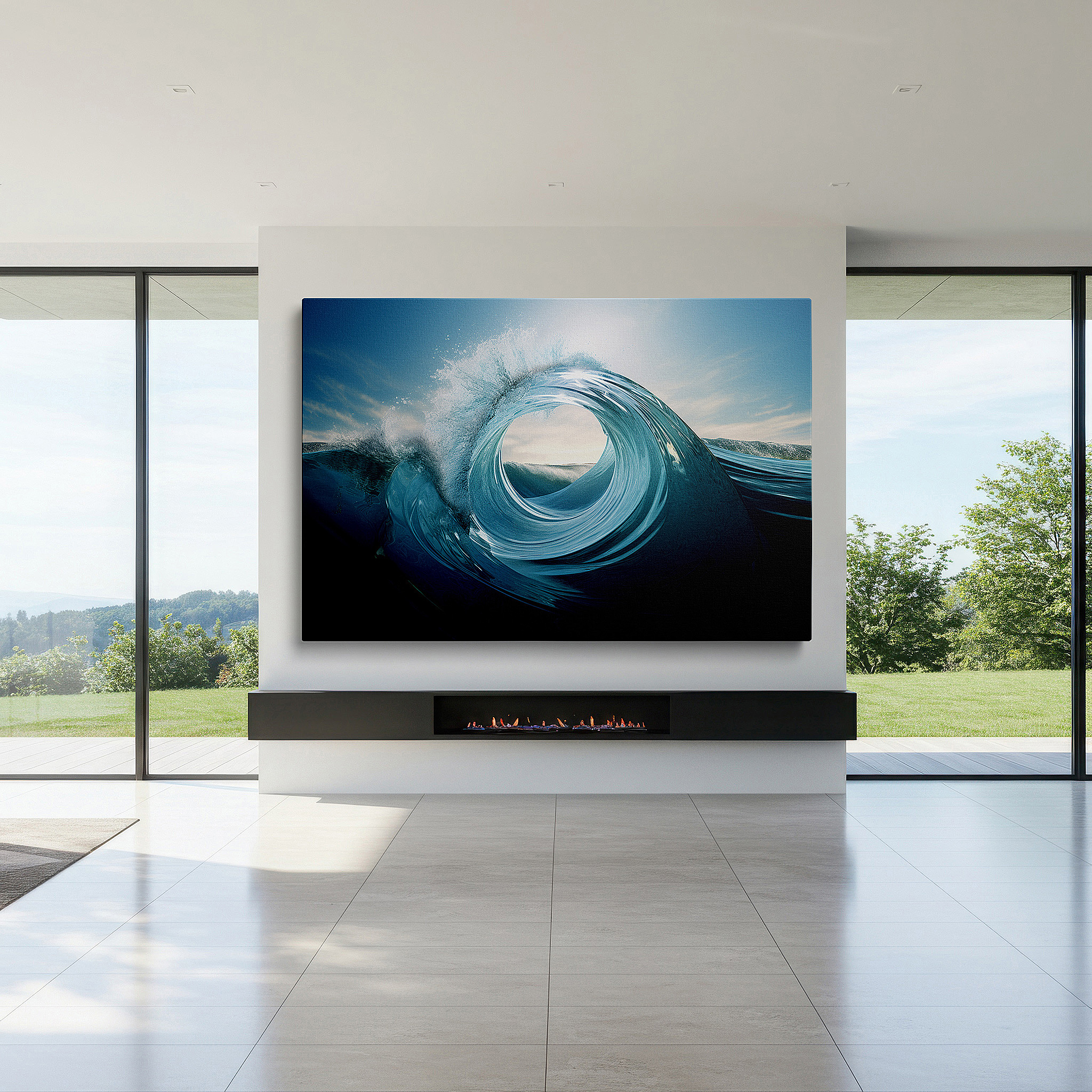 Set in a minimalist interior with textured walls and soft rugs — wall art: sunlit ocean wave - a hyper-realistic depiction of nature's dynamic beauty. large canvas wall art decor.