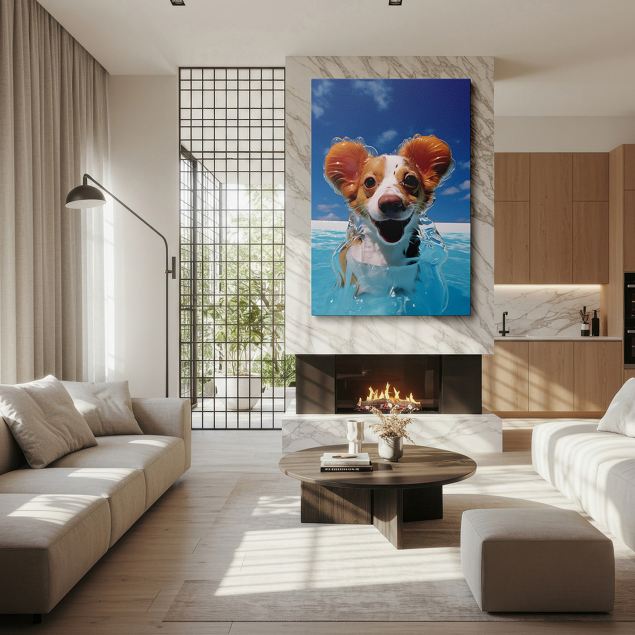 Set in a minimalist interior with textured walls and soft rugs — wall decor: joyful dog frolicking in a sunny pool - a tribute to summer fun and vibrant energy, large canvas wall art for home and office decor