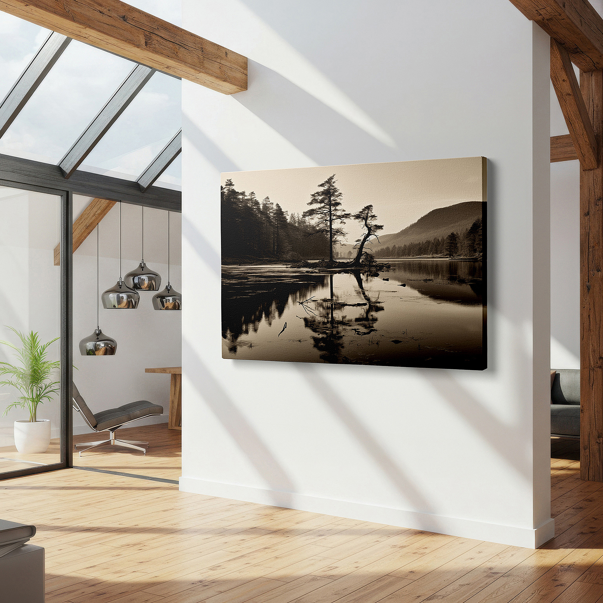 Set in a minimalist interior with textured walls and soft rugs — wall decor: peaceful riverbank and solitary tree in monochrome - reflecting nature's quietude, large canvas art for home and office decor