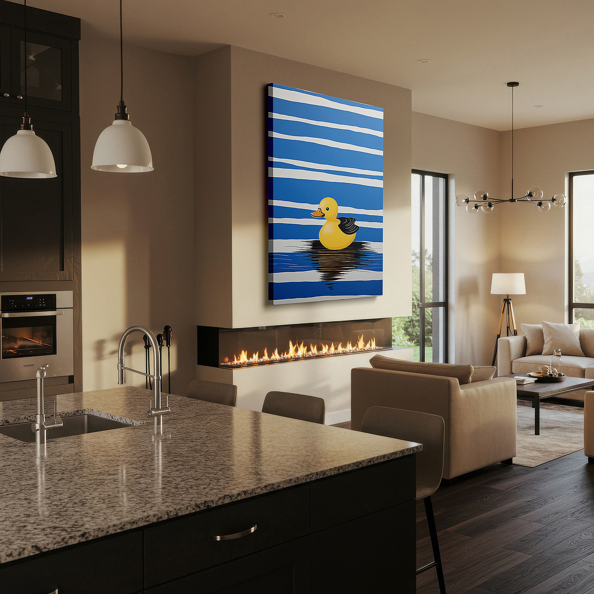 Set in a minimalist interior with textured walls and soft rugs — yellow rubber duck on blue and white striped background, large canvas wall art evoking childhood memories