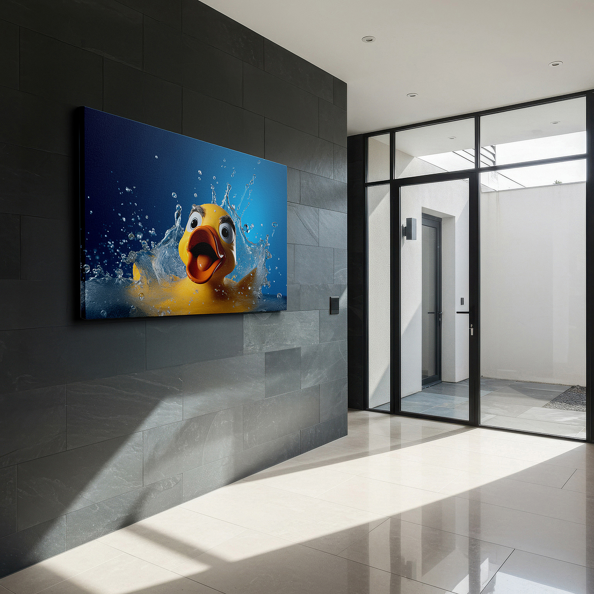 Set in a minimalist interior with textured walls and soft rugs — yellow rubber duck and water splashes wall art, large canvas decor for office, bedroom, and living room