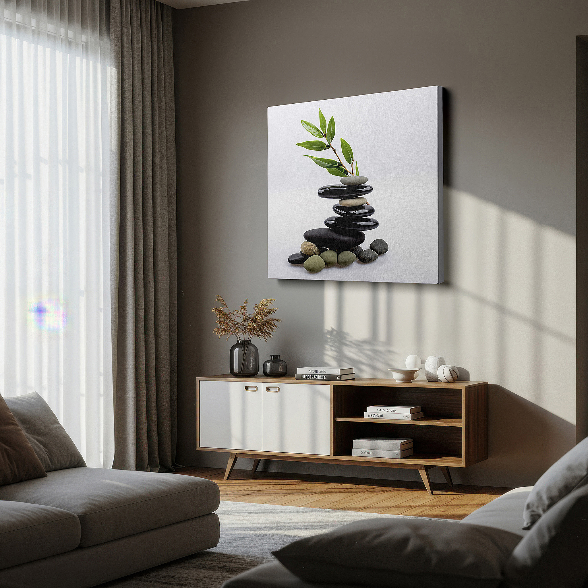 Set in a minimalist interior with textured walls and soft rugs — zen stones and vibrant leaves wall art: embrace serenity and mindfulness with this large canvas, perfect for office or bedroom decor
