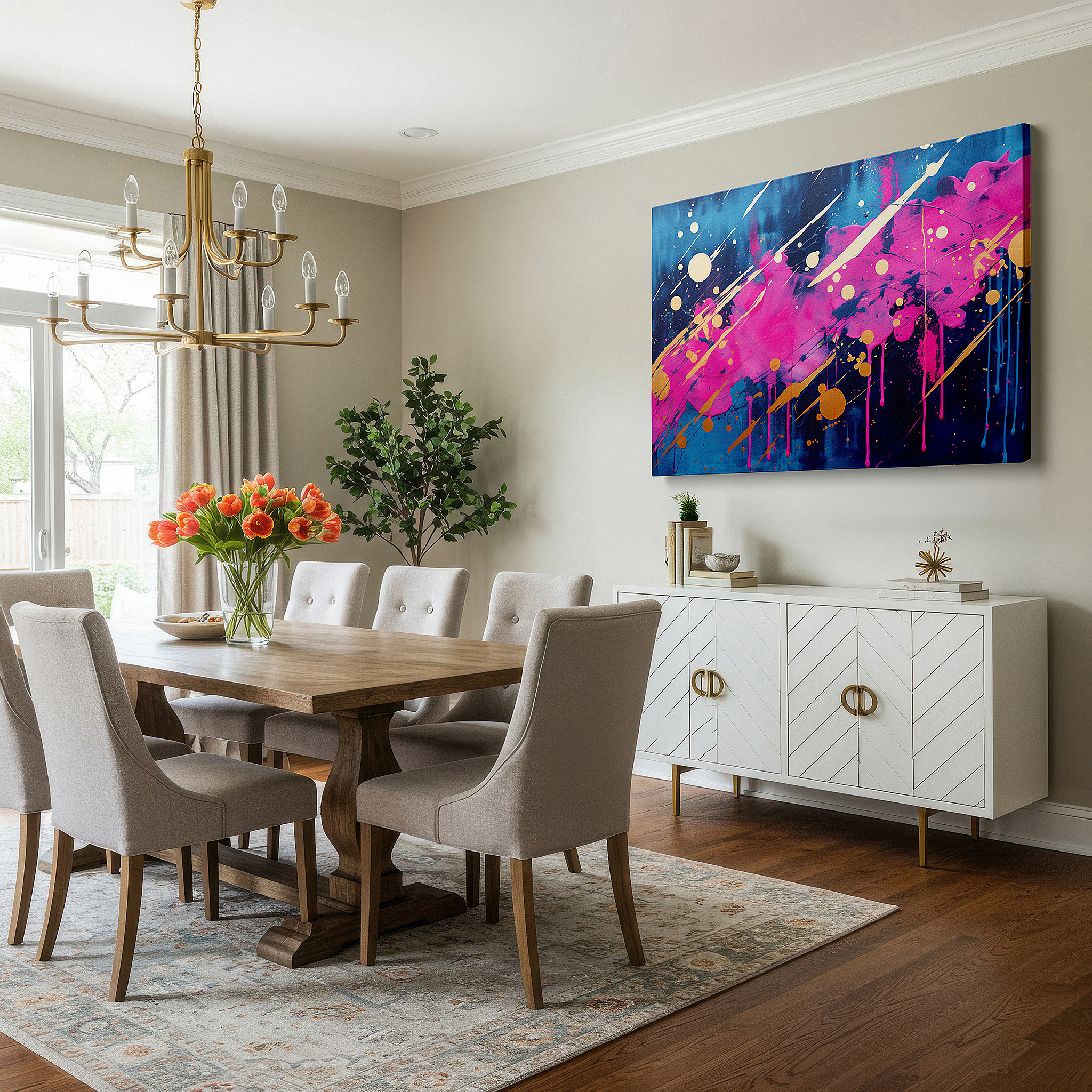 Side profile highlights a tightly wrapped canvas over a 3 cm deep stretcher — abstract expressionist large wall art featuring vibrant pinks, luxurious golds, and deep blues, perfect for home or office decor