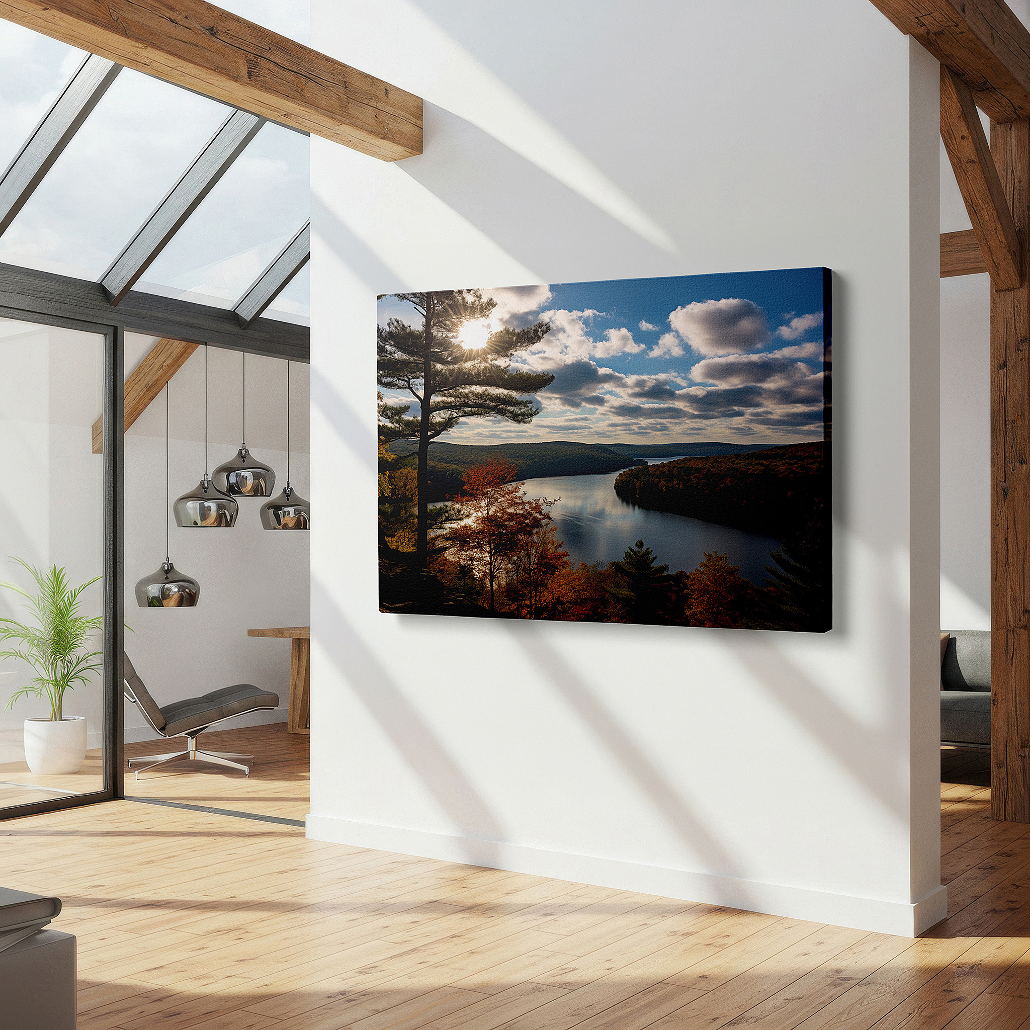 Side profile highlights a tightly wrapped canvas over a 3 cm deep stretcher — autumn's fiery reflections: tranquil river large canvas wall art for office, bedroom, and living room decor
