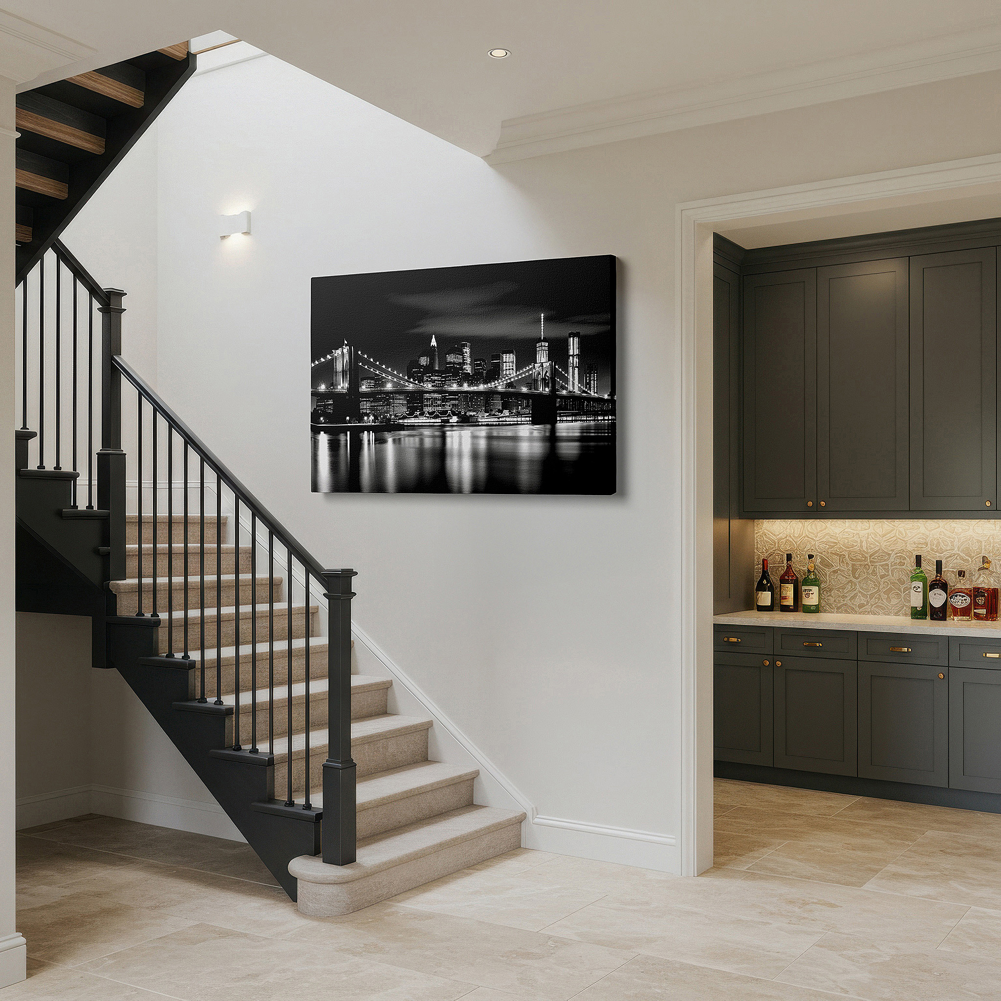 Side profile highlights a tightly wrapped canvas over a 3 cm deep stretcher — brooklyn bridge at night: elegant black and white large canvas wall art for office, bedroom, and living room decor