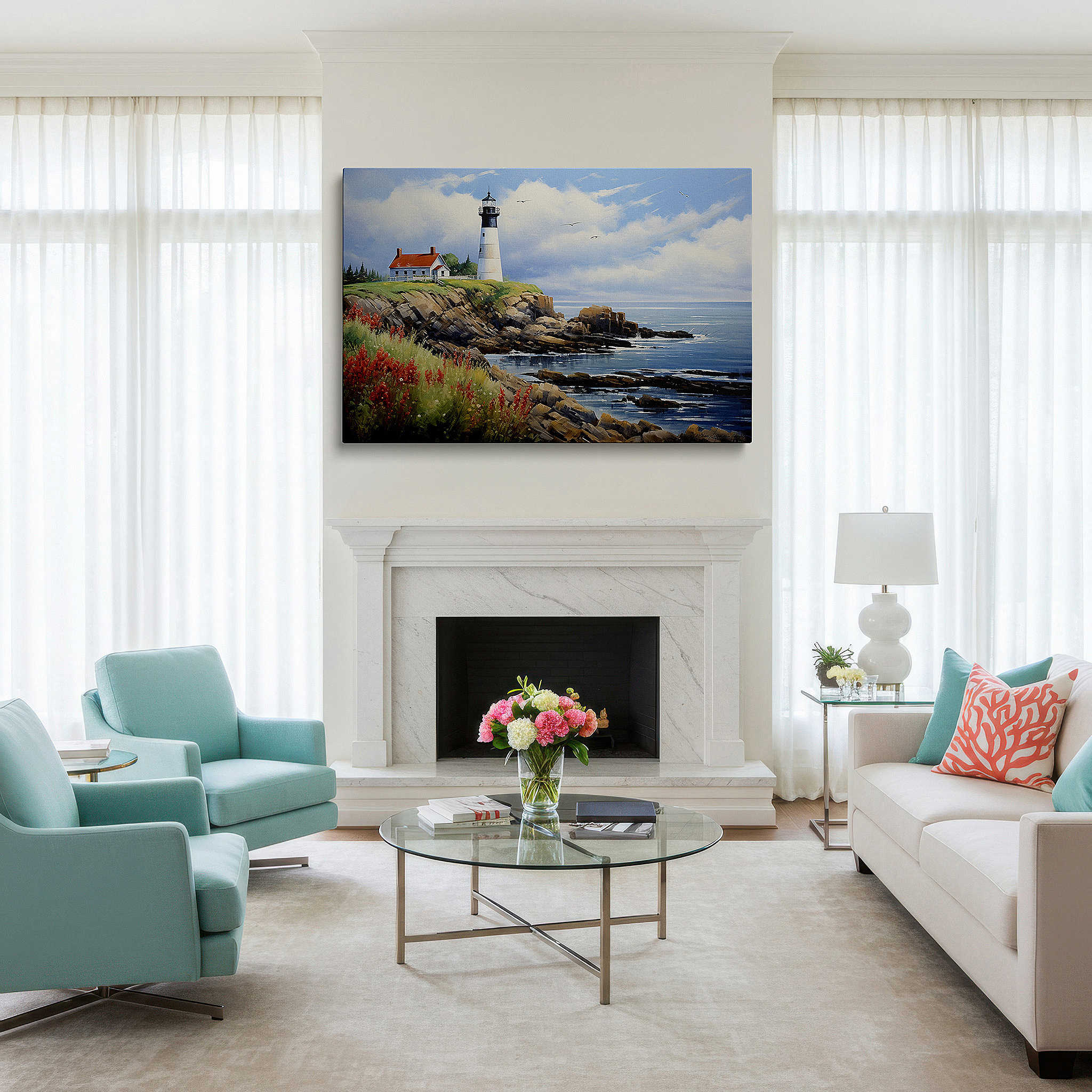 Side profile highlights a tightly wrapped canvas over a 3 cm deep stretcher — coastal lighthouse on a rugged cliff - tranquil beacon amidst nature's wild beauty: large wall art, canvas, wall decor for office