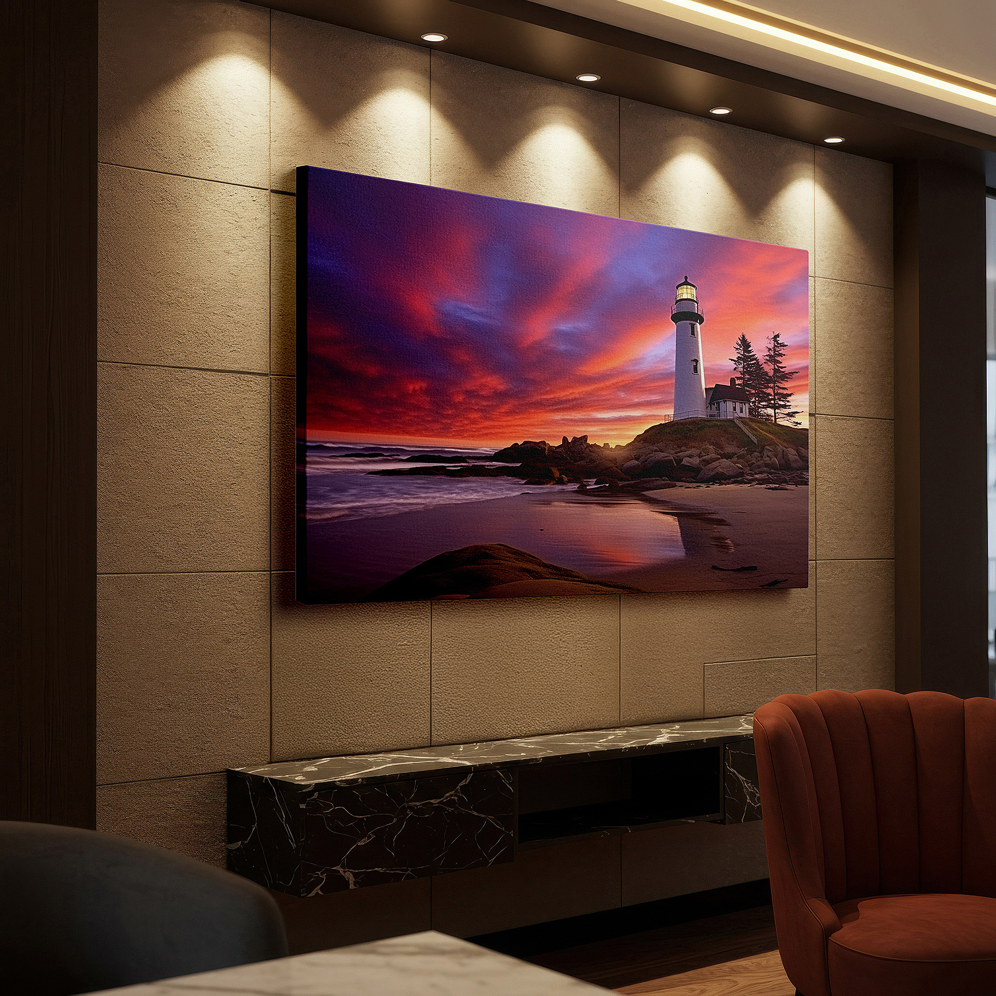 Side profile highlights a tightly wrapped canvas over a 3 cm deep stretcher — coastal sunset majesty: lighthouse serenity under vibrant skies - large canvas wall art for office and bedroom decor