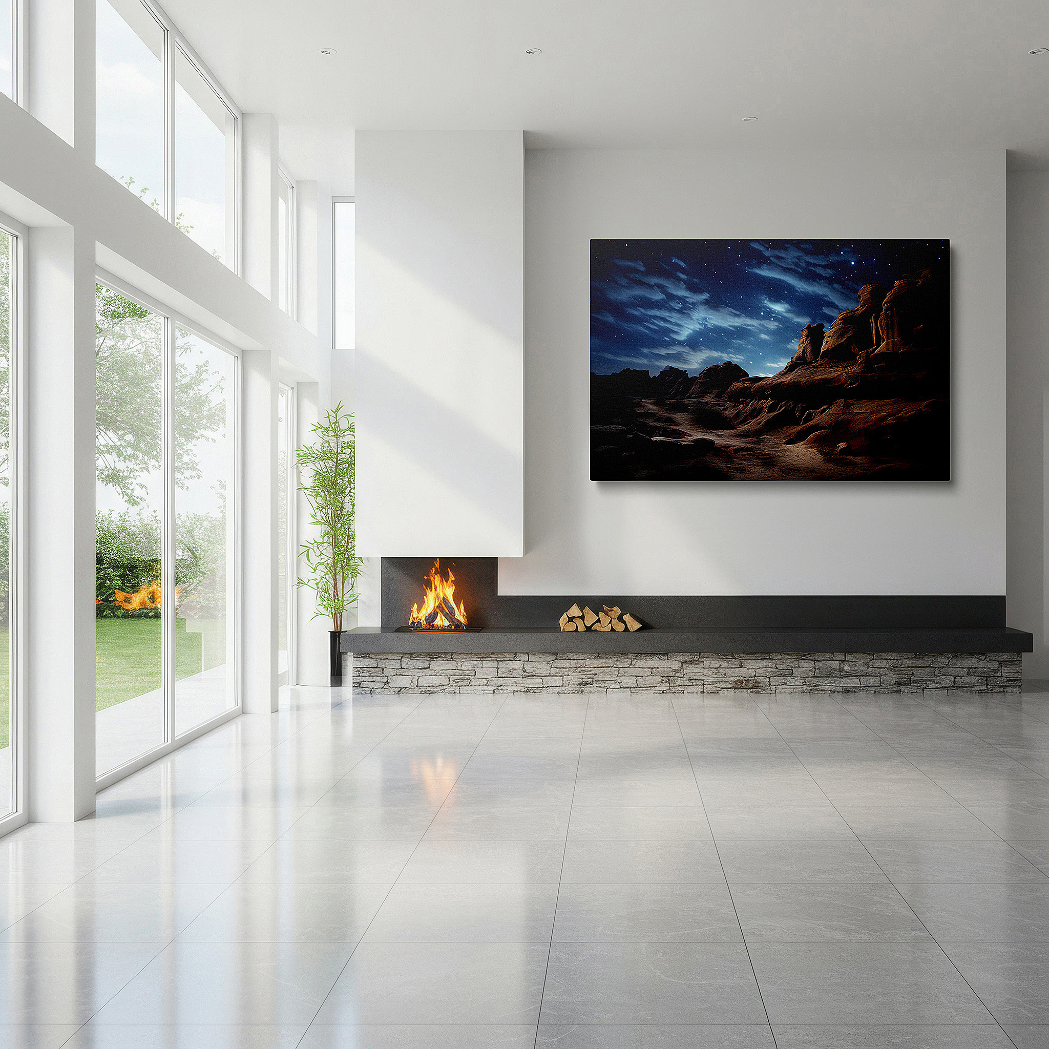 Side profile highlights a tightly wrapped canvas over a 3 cm deep stretcher — desert grandeur beneath starry skies - moonlit celestial display large wall art, canvas wall art, wall decor for office and bedroom