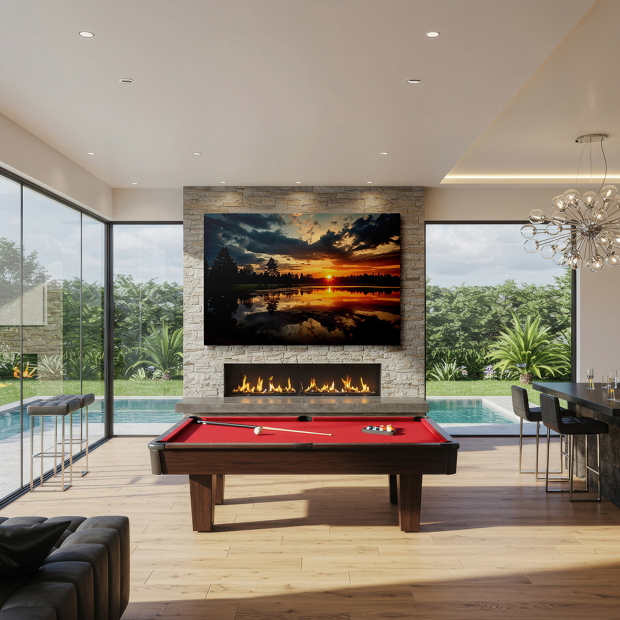 Side profile highlights a tightly wrapped canvas over a 3 cm deep stretcher — dramatic sunset over reflective pond surrounded by lush trees large wall art, canvas wall art, wall decor for office, bedroom, and living room