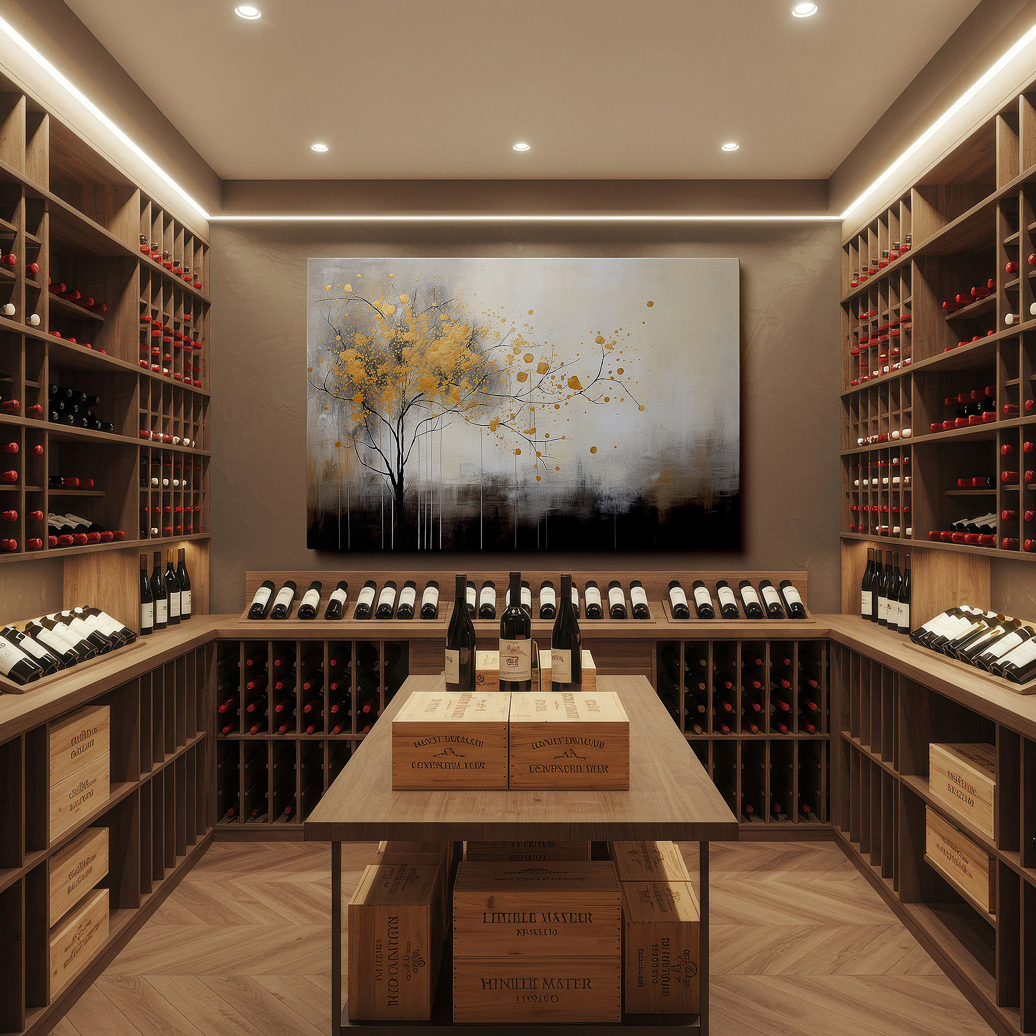 Side profile highlights a tightly wrapped canvas over a 3 cm deep stretcher — dreamlike elegant tree with golden splashes large canvas wall art for office, bedroom, and living room decor