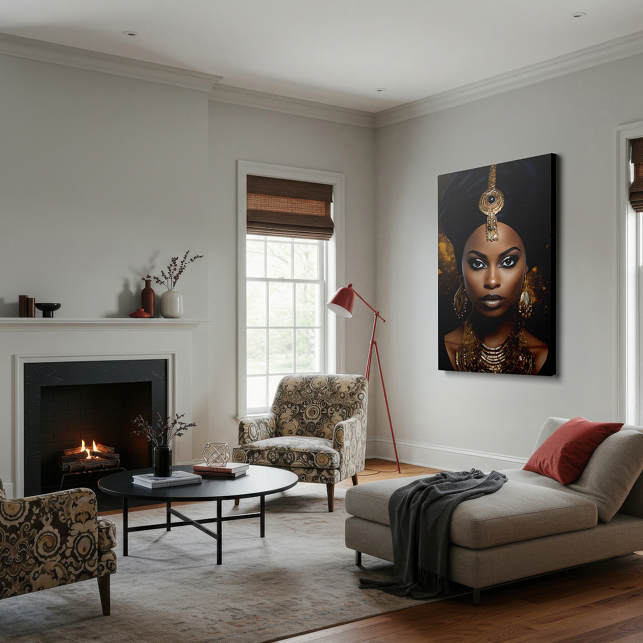 Side profile highlights a tightly wrapped canvas over a 3 cm deep stretcher — elegant lady cloaked in gold, symbolizing cultural legacy and pride - large wall art, canvas wall art, wall decor for office and bedroom